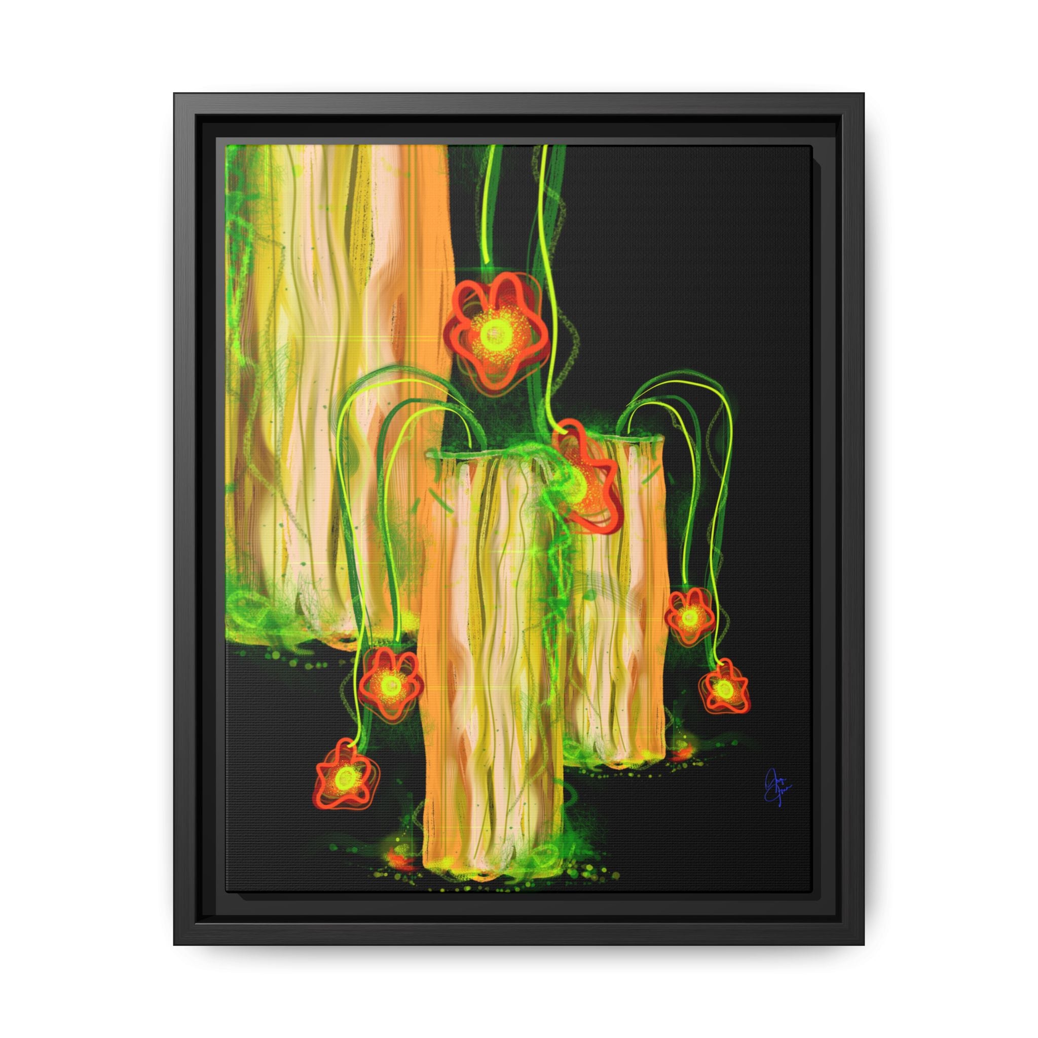 Framed Matte Canvas Print — Neon Floral Candlelight Art