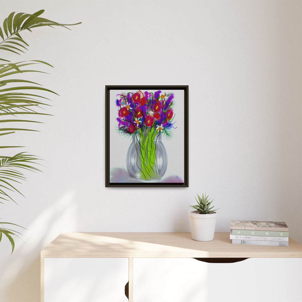 Framed Floral Bouquet Matte Canvas Wall Art — Colorful Abstract Flowers in Vase