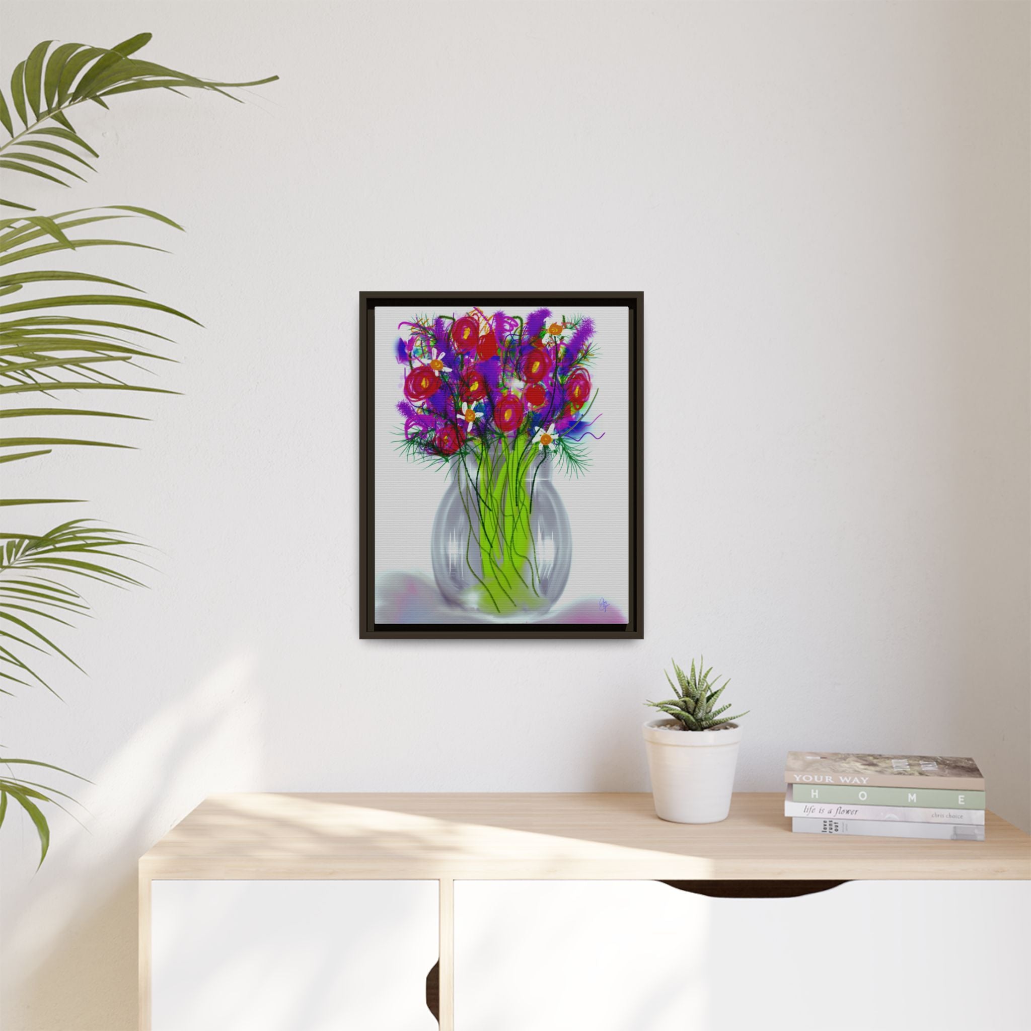 Framed Floral Bouquet Matte Canvas Wall Art — Colorful Abstract Flowers in Vase