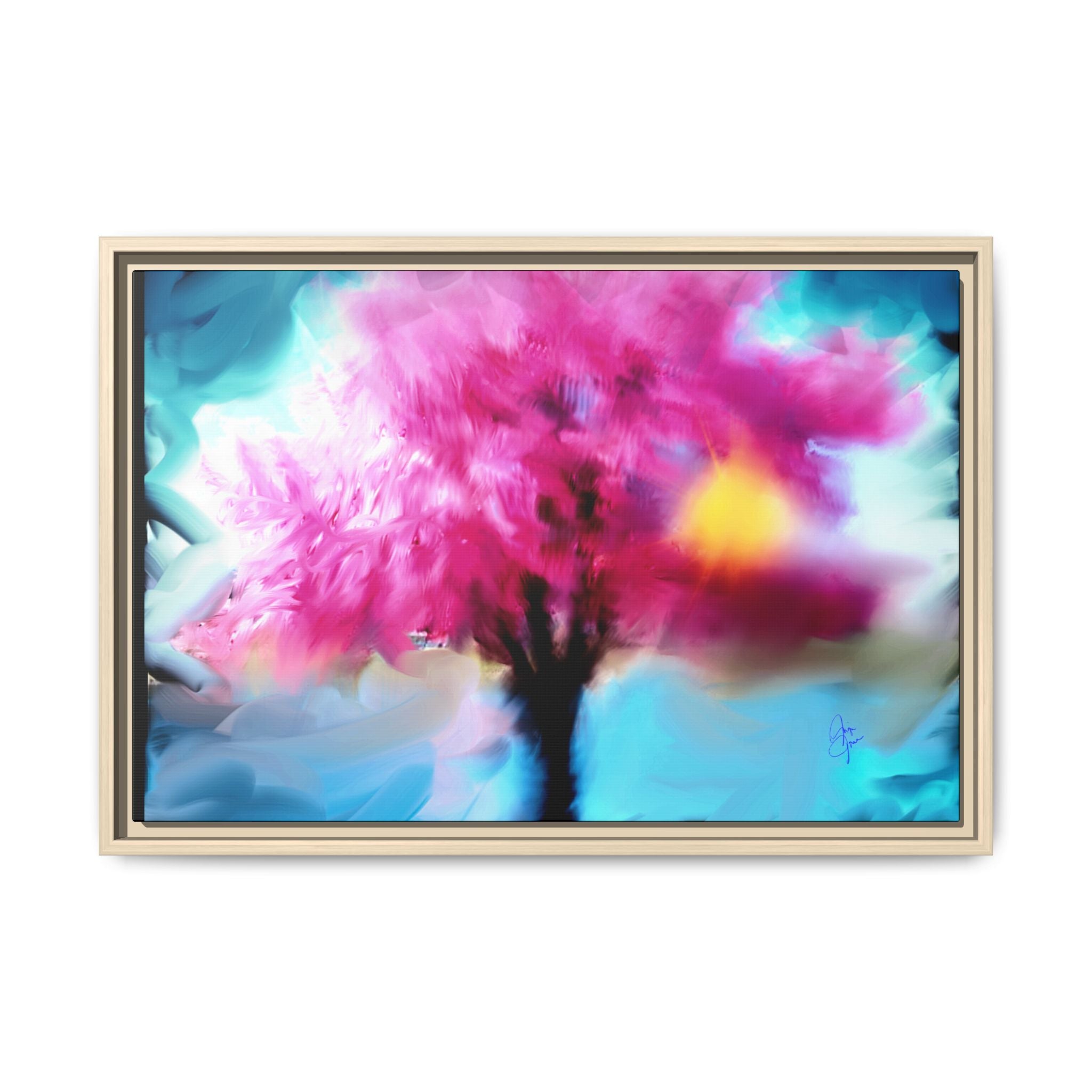 Framed Abstract Blossom Canvas — Vertical Pink & Blue Wall Art
