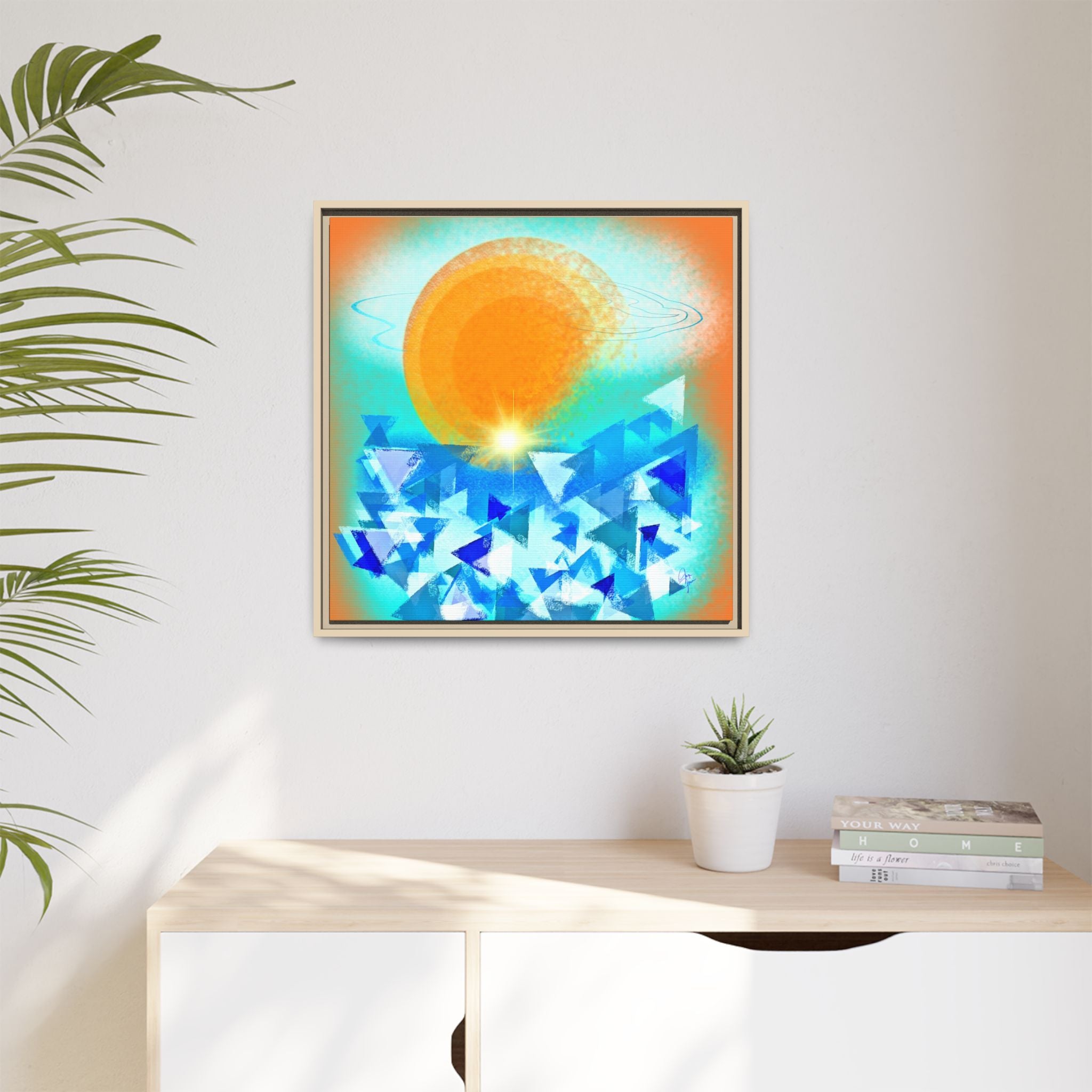 Abstract Sunrise Framed Canvas Art – Orange Sun Over Blue Geometric Waves