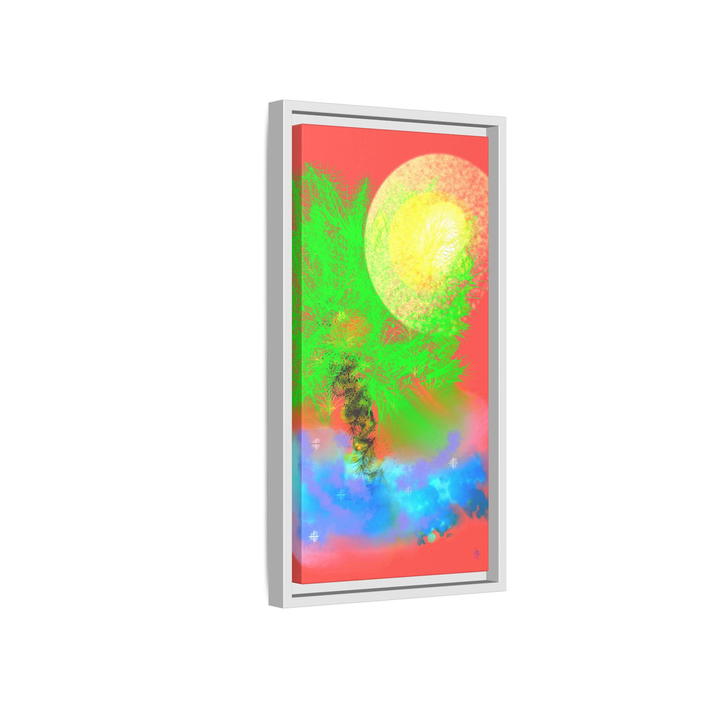 Abstract Neon Tree Matte Canvas Framed Art — Vibrant Green Moon Landscape