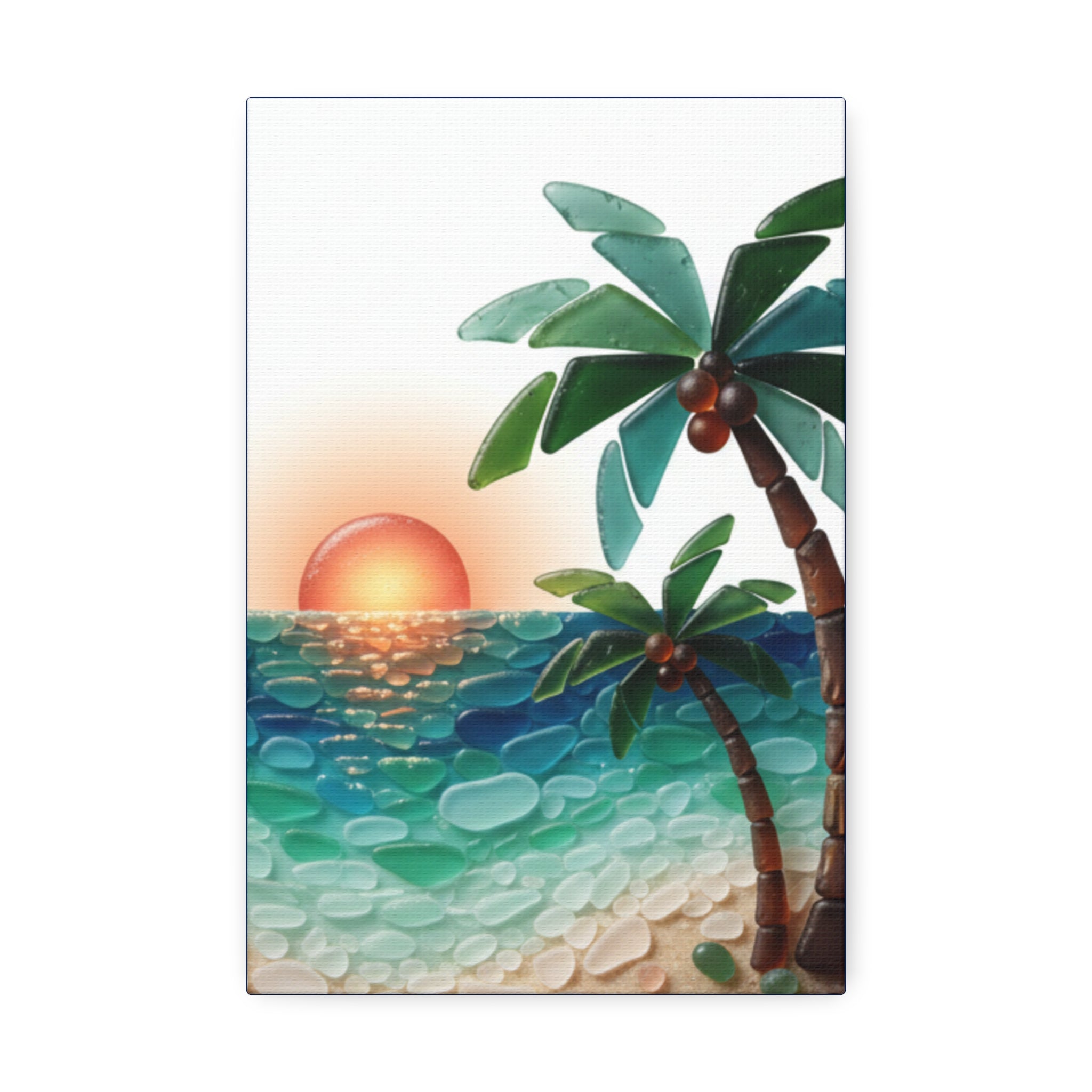 Tropical Sunset Canvas Wall Art — Palm Tree Beach Seascape Stretched Canvas