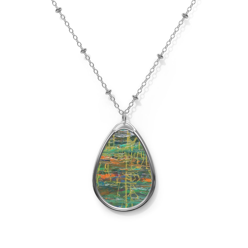Oval Pendant Necklace — Abstract Green Watercolor Teardrop Necklace