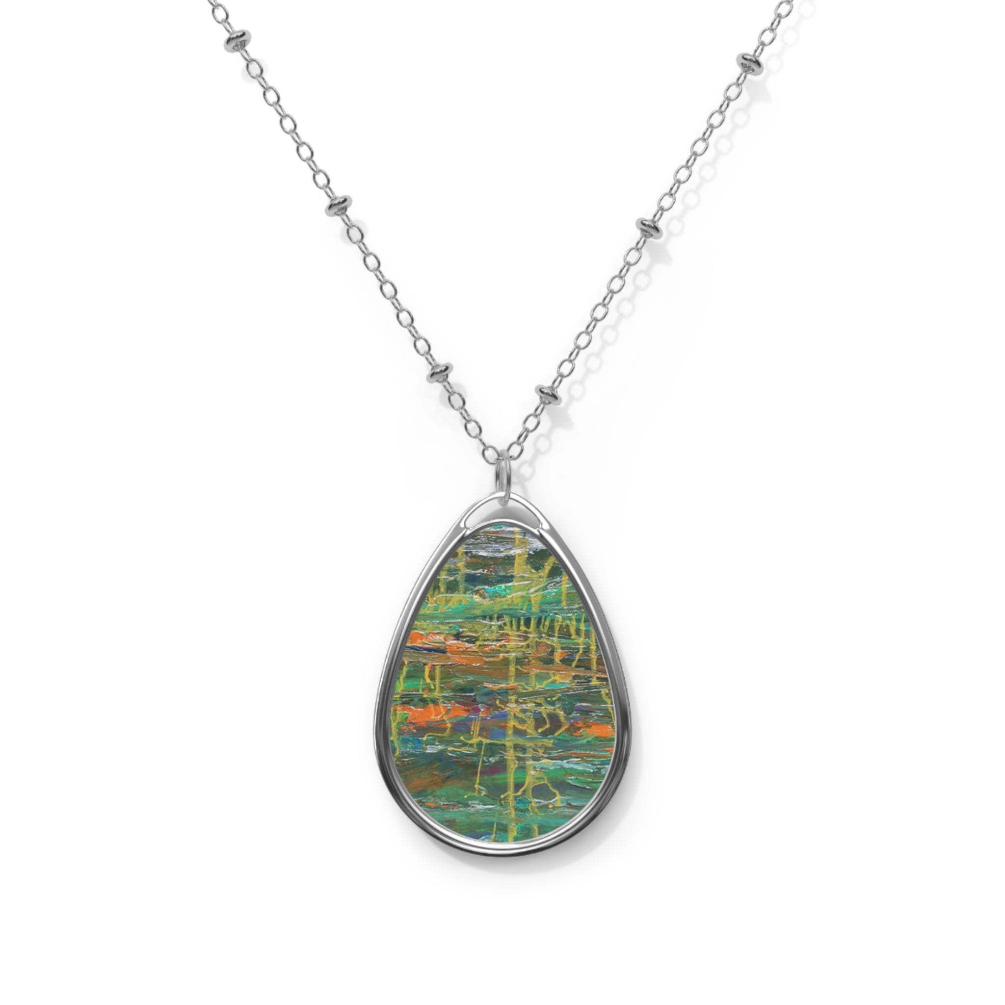 Oval Pendant Necklace — Abstract Green Watercolor Teardrop Necklace