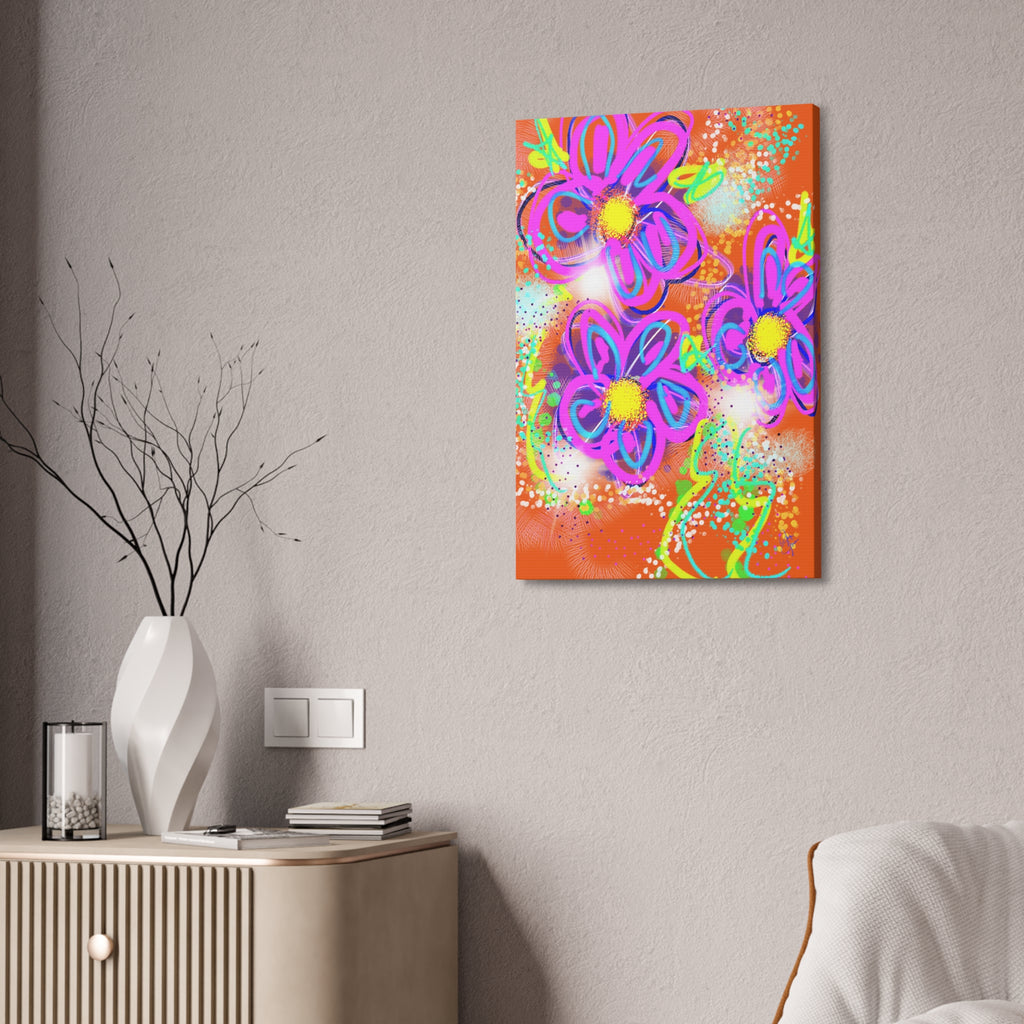 Vibrant Neon Floral Canvas Print — Pink & Green Stretched Wall Art