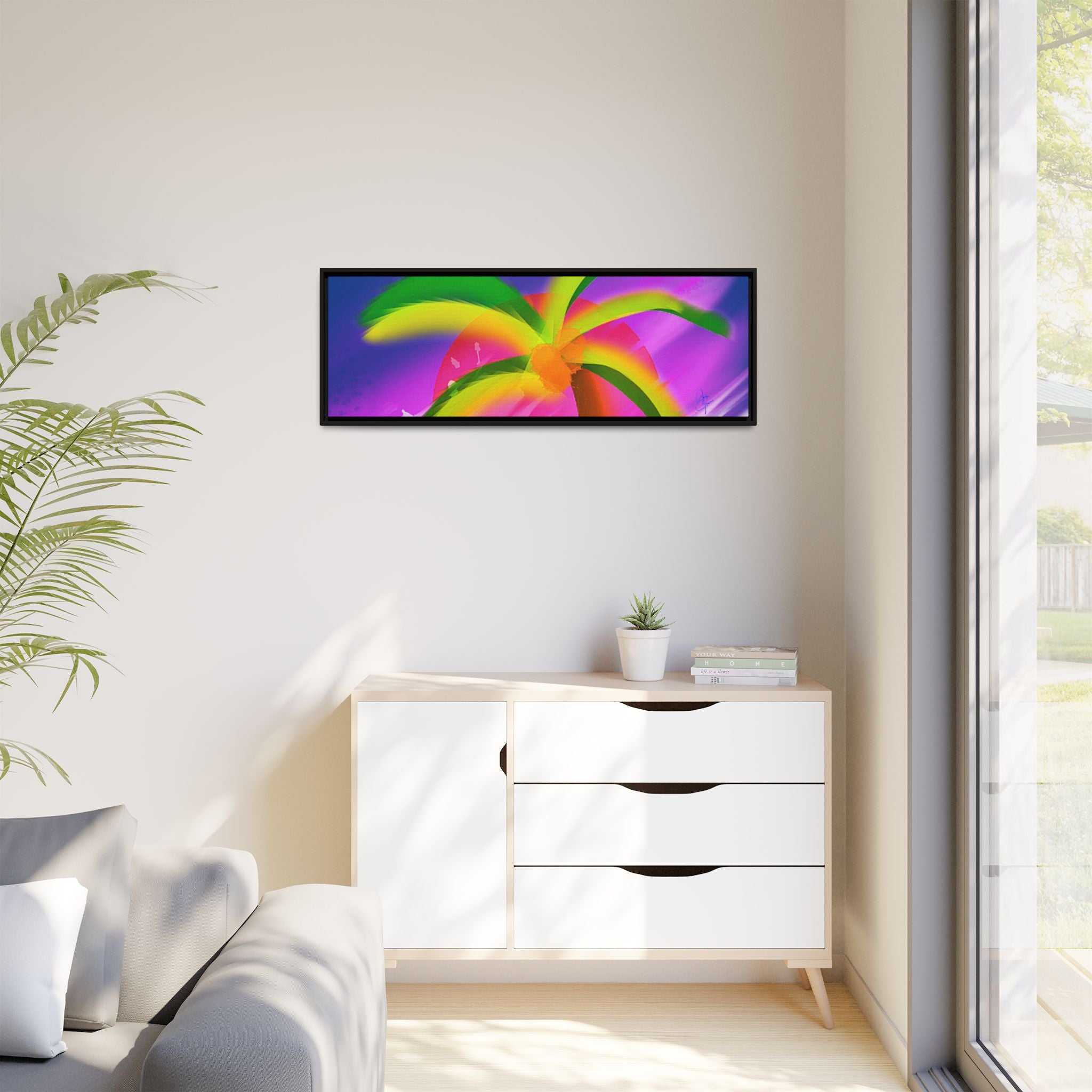 Framed Matte Canvas Print — Neon Palm Beach Art