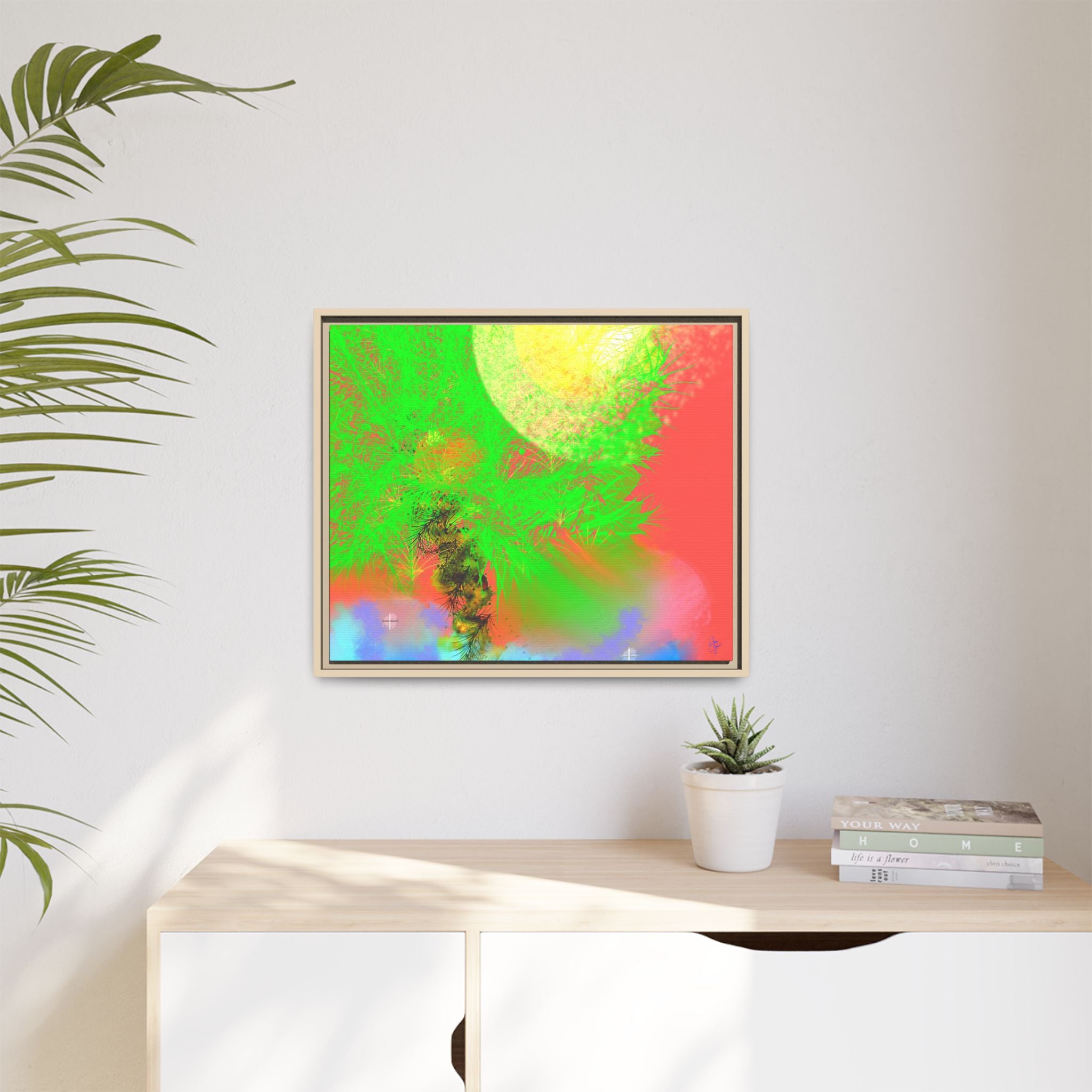 Abstract Neon Tree Matte Canvas Framed Art — Vibrant Green Moon Landscape