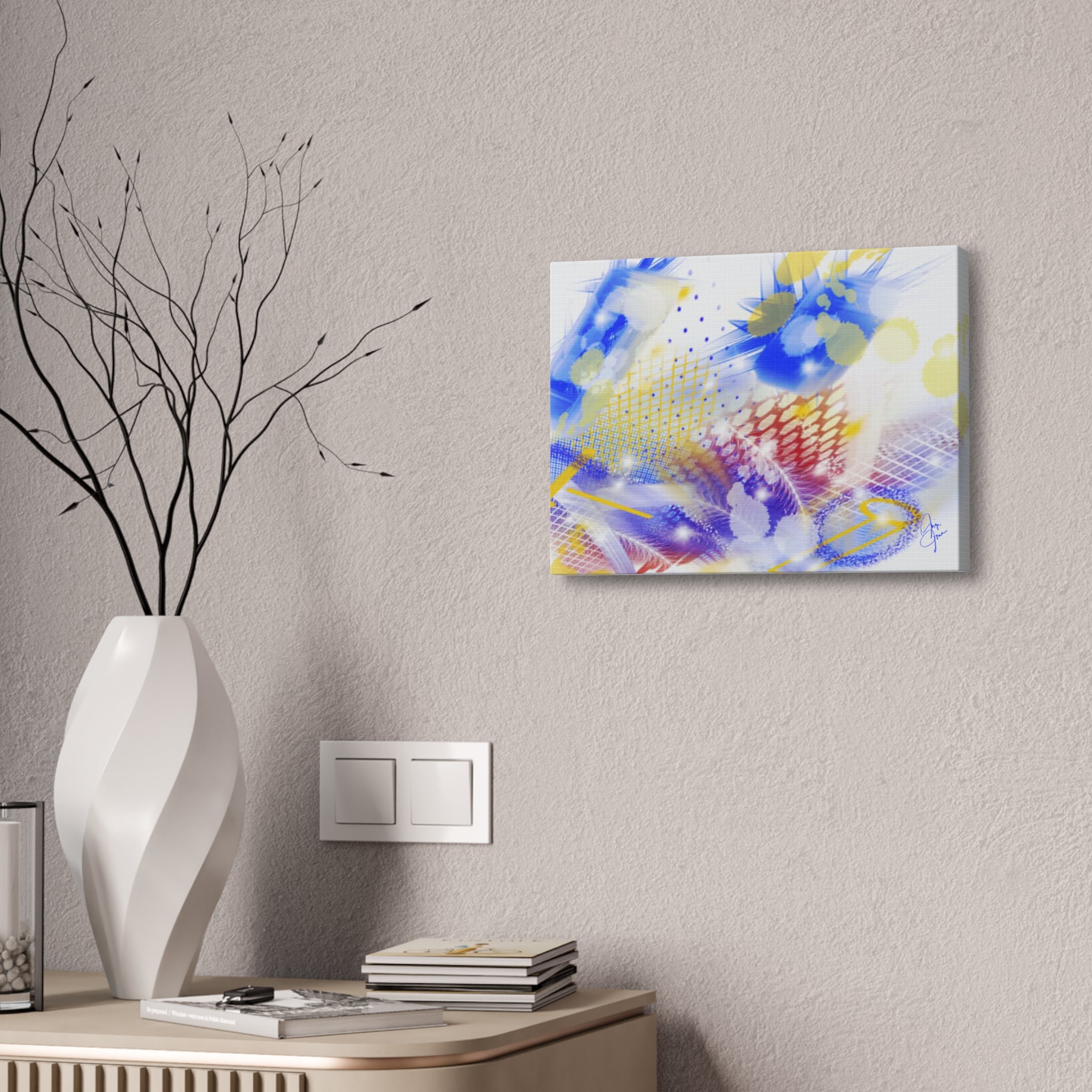 Abstract Blue & Yellow Art Canvas Print — Stretched 1.5" with Red Border