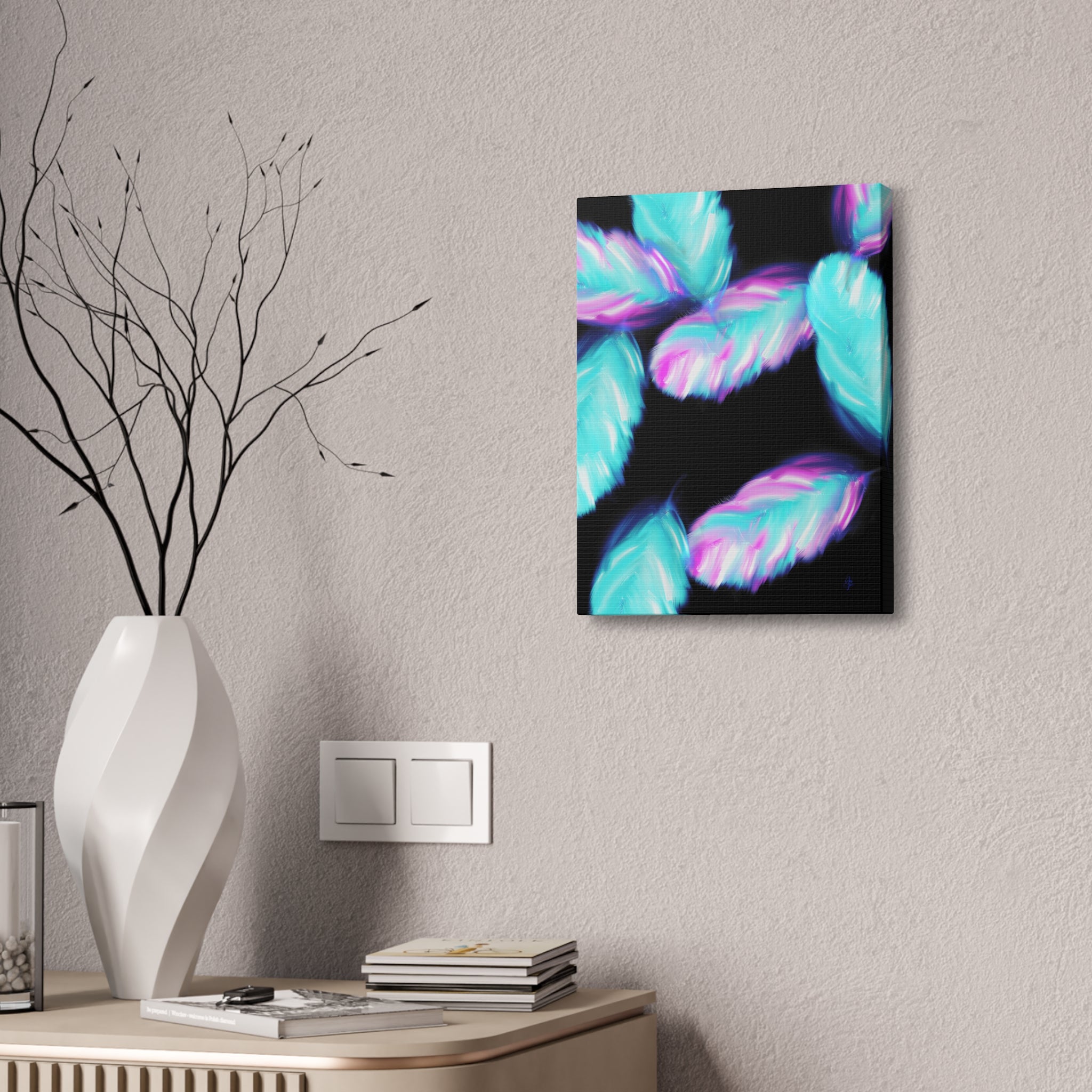 Abstract Neon Feathers Canvas Print — Turquoise & Pink Stretched Wall Art