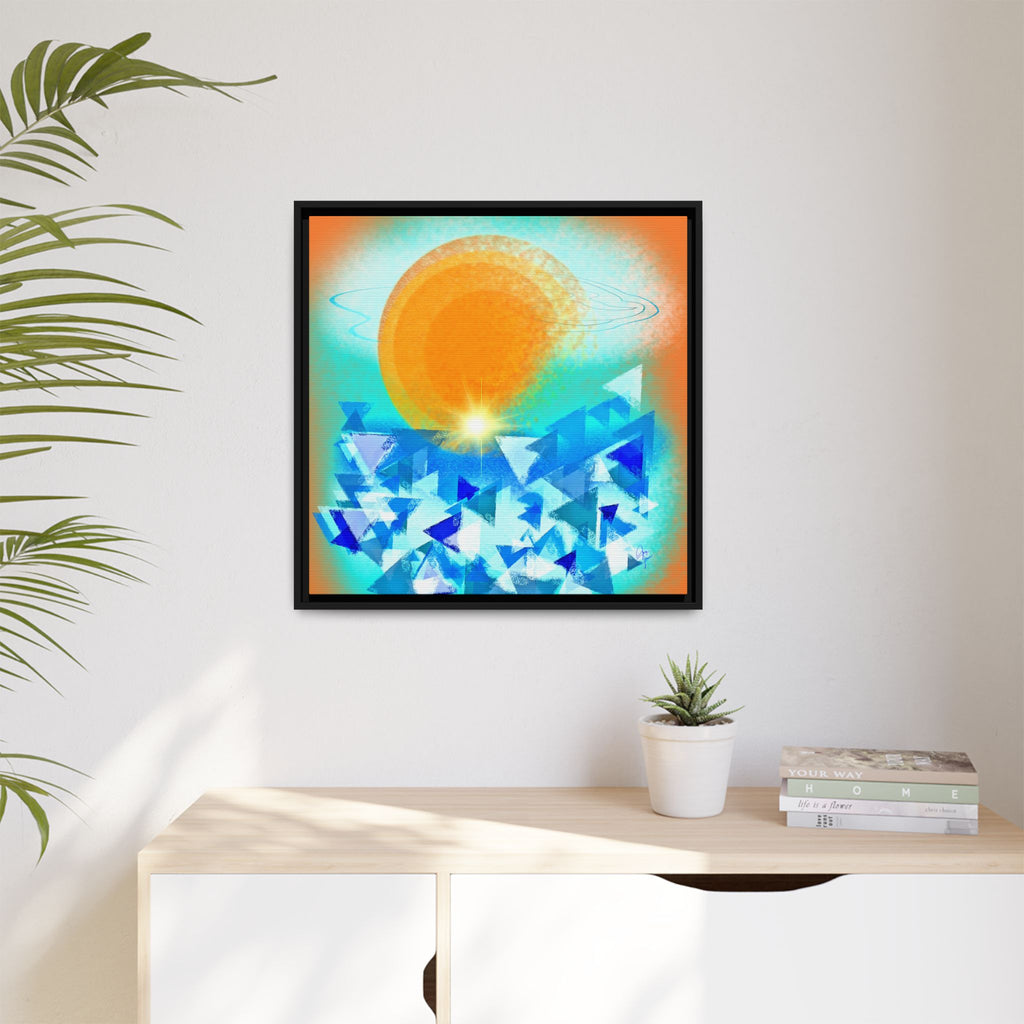 Abstract Sunrise Framed Canvas Art – Orange Sun Over Blue Geometric Waves