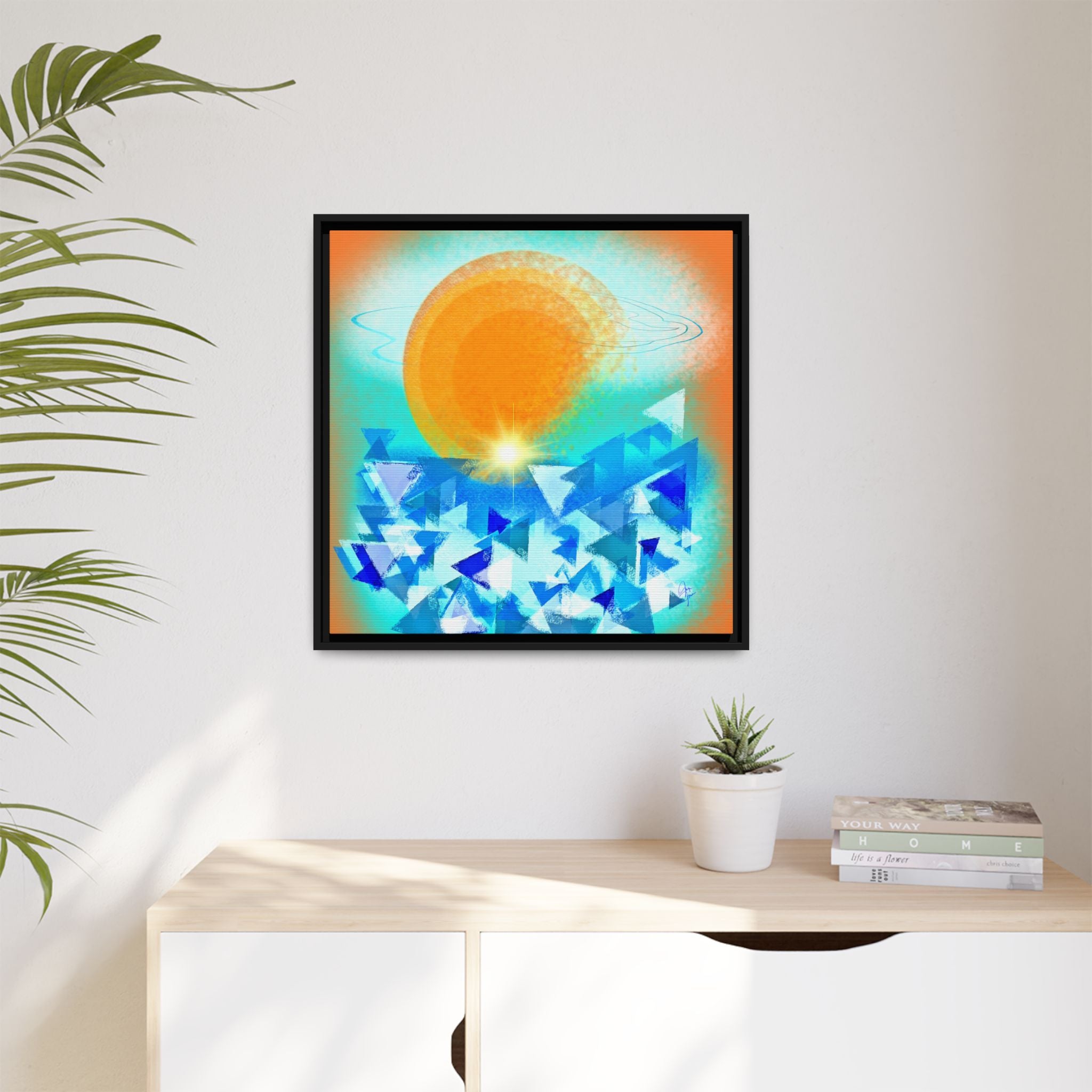 Abstract Sunrise Framed Canvas Art – Orange Sun Over Blue Geometric Waves