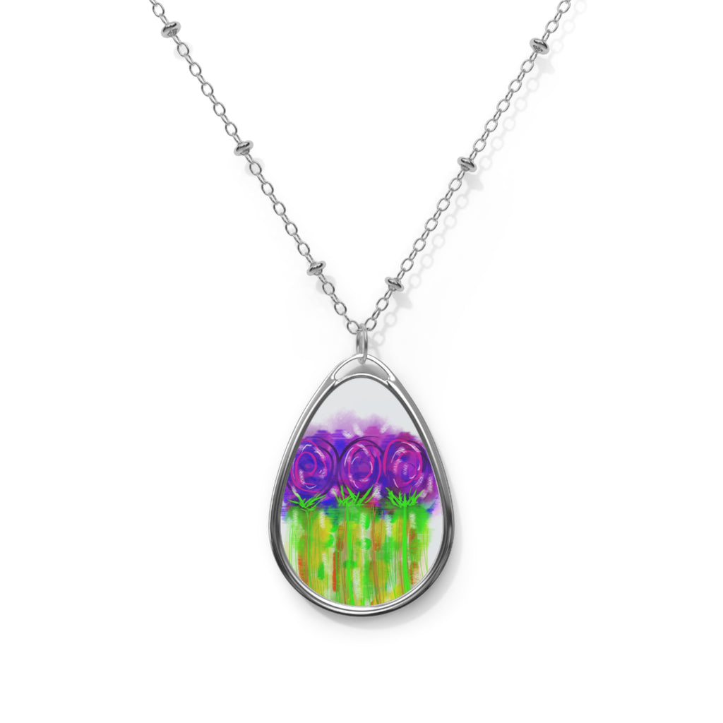 Oval Floral Pendant Necklace — Purple Rose Garden Teardrop Necklace