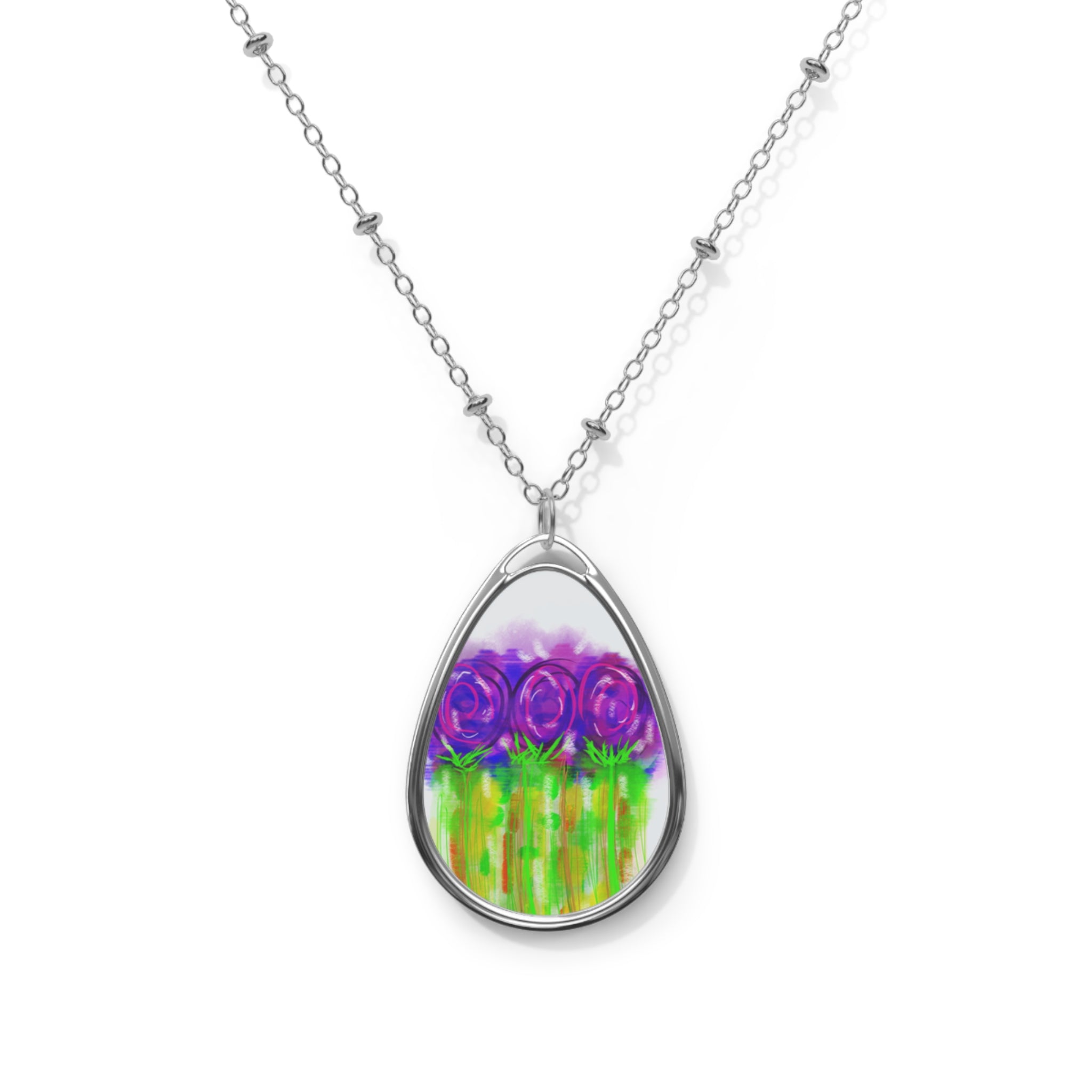 Oval Floral Pendant Necklace — Purple Rose Garden Teardrop Necklace