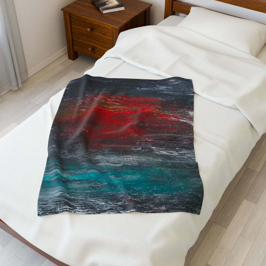 Velveteen Plush Blanket - Abstract Red Sun Coastal Art Throw