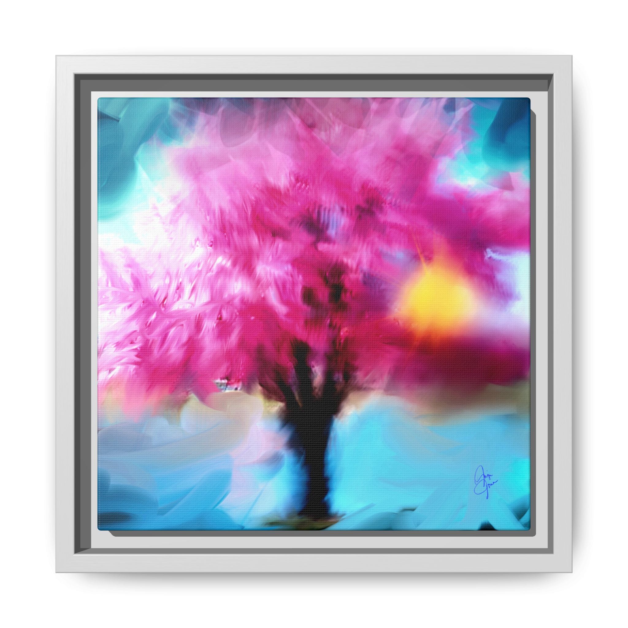 Framed Abstract Blossom Canvas — Vertical Pink & Blue Wall Art