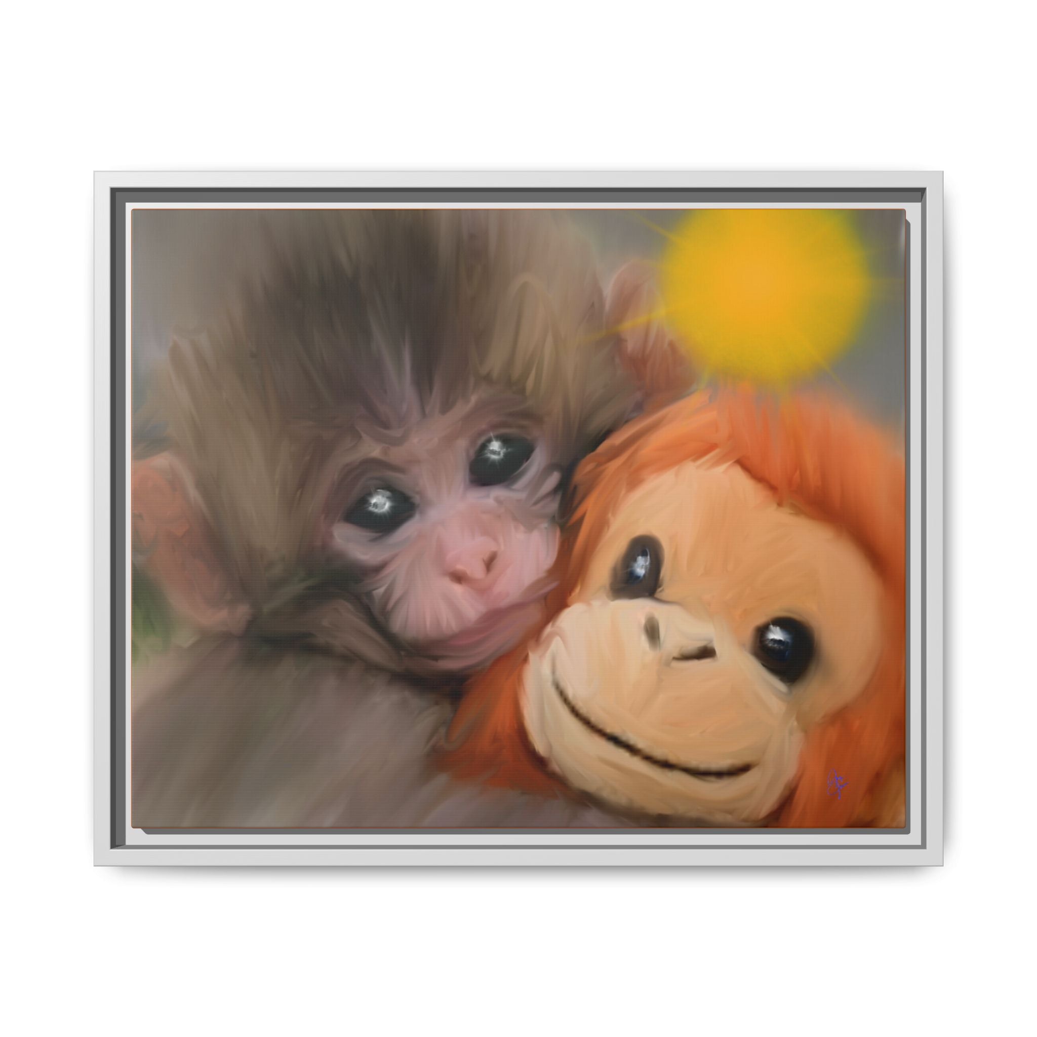 Framed Matte Canvas Print — Baby Monkey & Plush Orangutan Wall Art