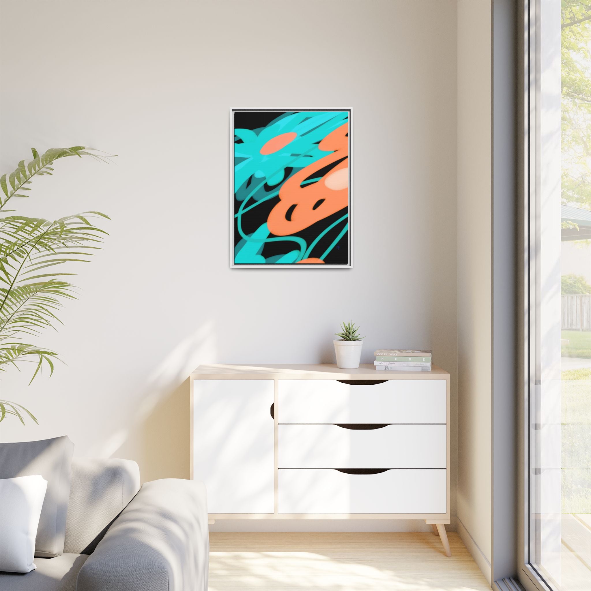 Abstract Teal & Coral Splash Framed Canvas