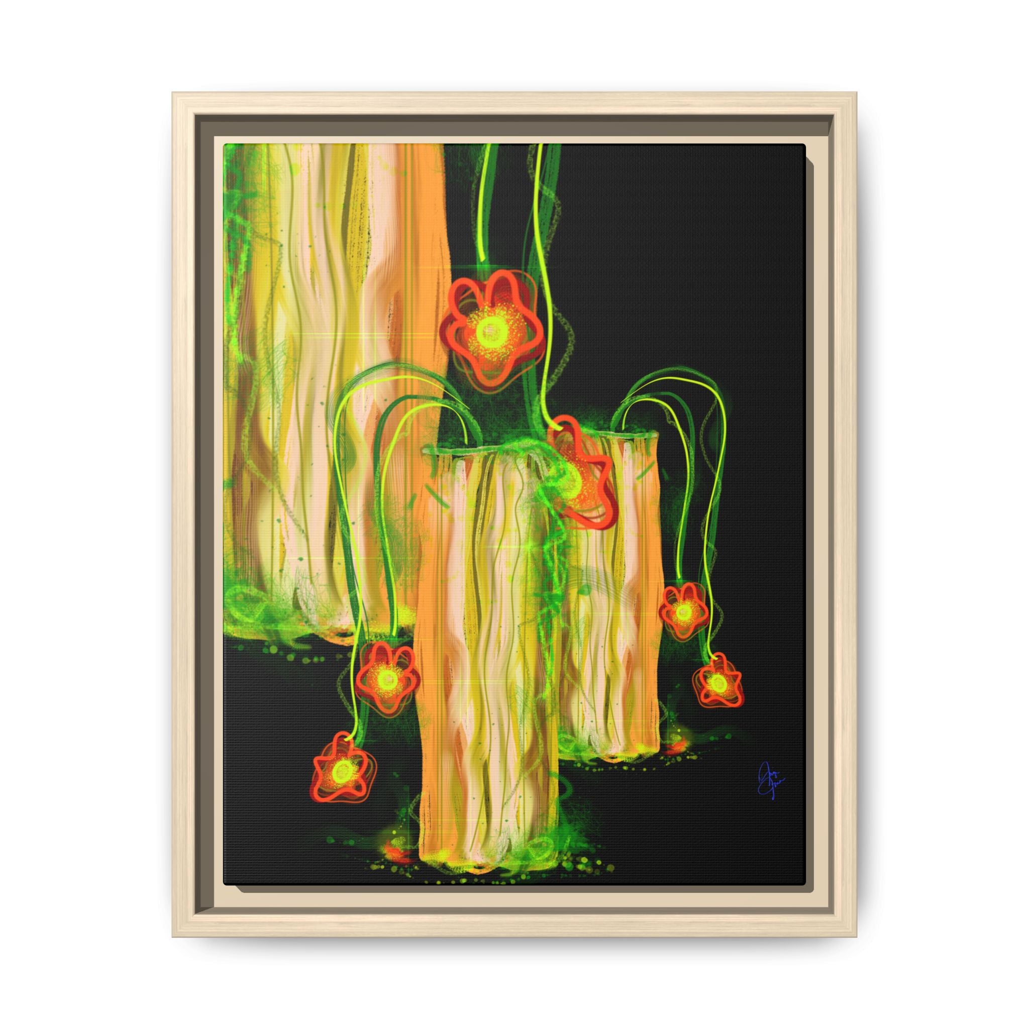 Framed Matte Canvas Print — Neon Floral Candlelight Art