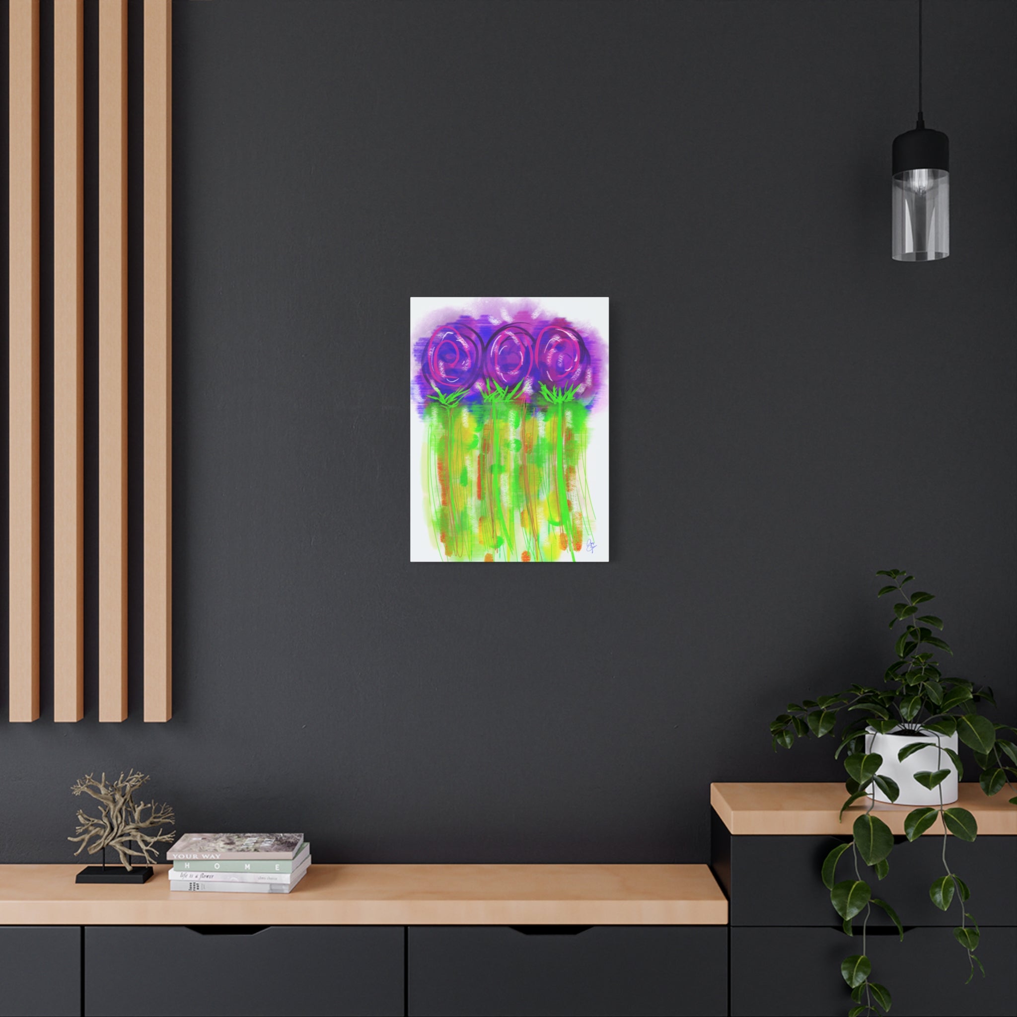 Abstract Purple Flowers Matte Canvas Wall Art — Vibrant Floral Painting on Stretched Canvas