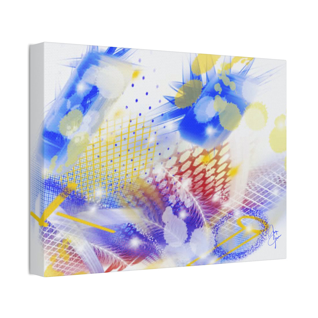 Abstract Blue & Yellow Art Canvas Print — Stretched 1.5" with Red Border