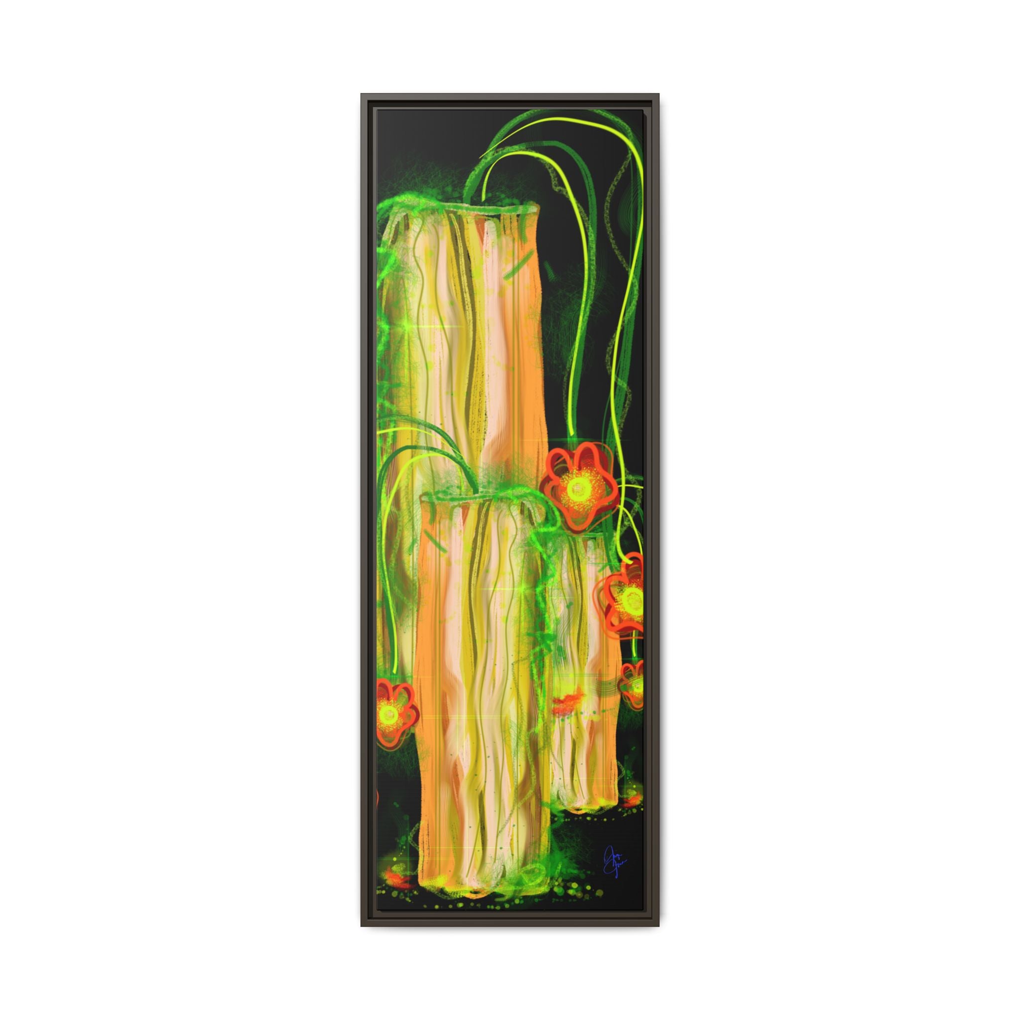 Framed Matte Canvas Print — Neon Floral Candlelight Art