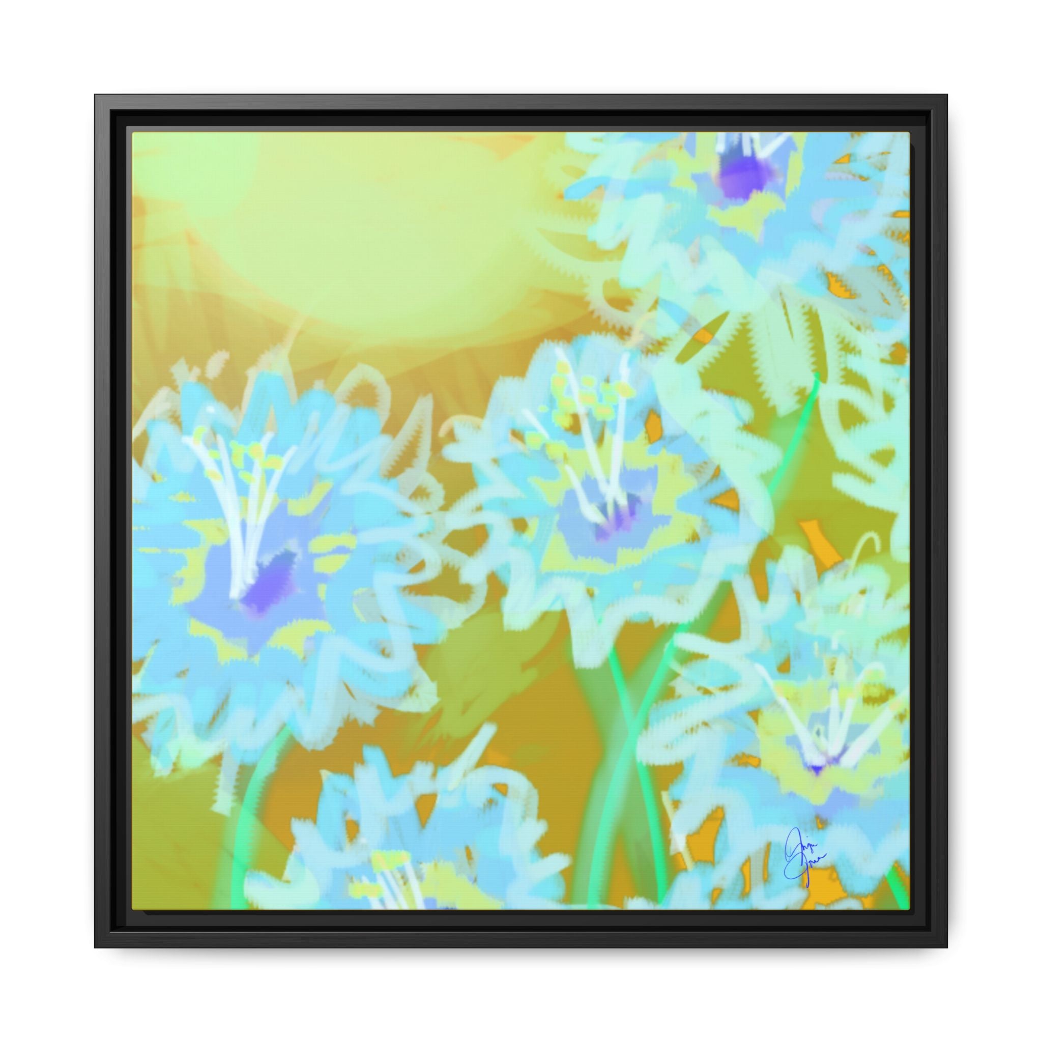 Framed Floral Canvas Art — Blue & Yellow Abstract Bouquet (Matte)