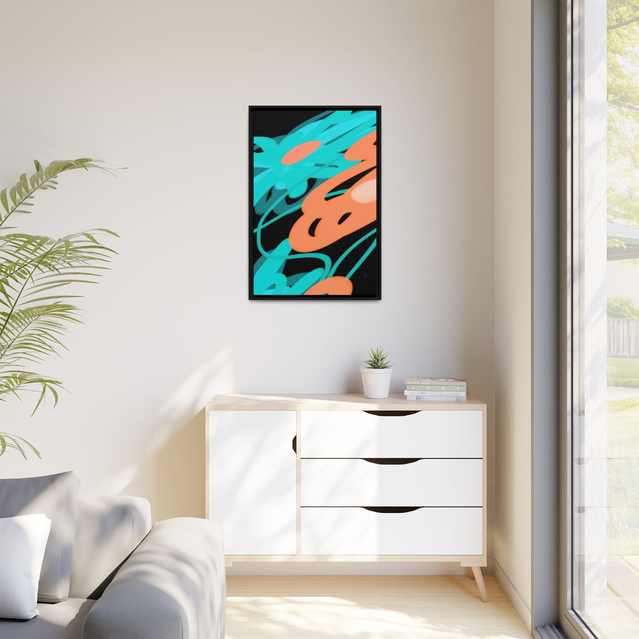 Abstract Teal & Coral Splash Framed Canvas