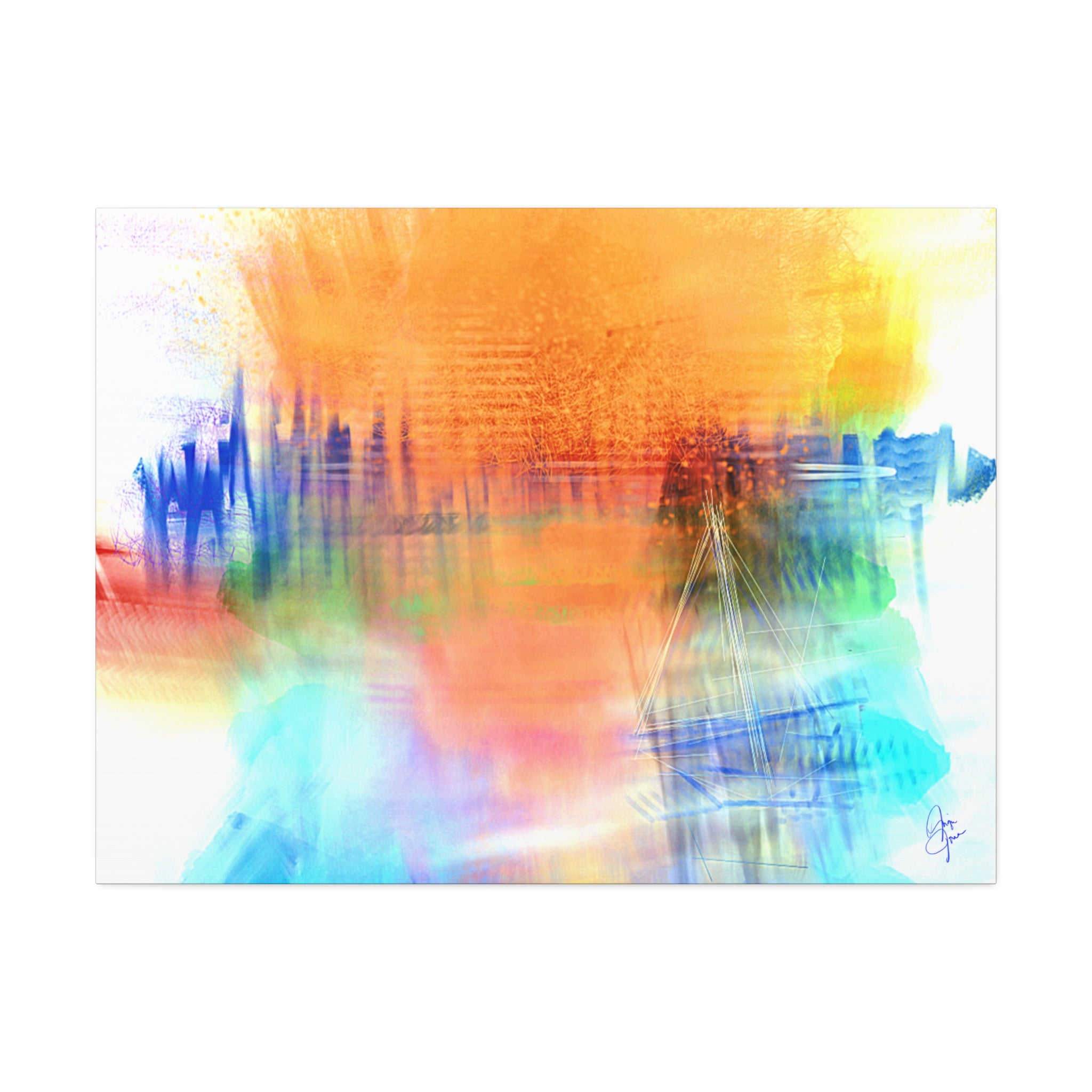 Abstract Color Burst Canvas — Vibrant Orange & Blue Stretched Wall Art
