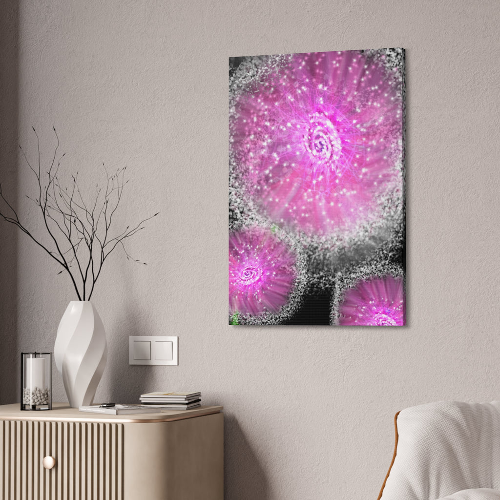 Pink Sparkle Floral Canvas Print — Abstract Dandelion Wall Art (Stretched 1.5")