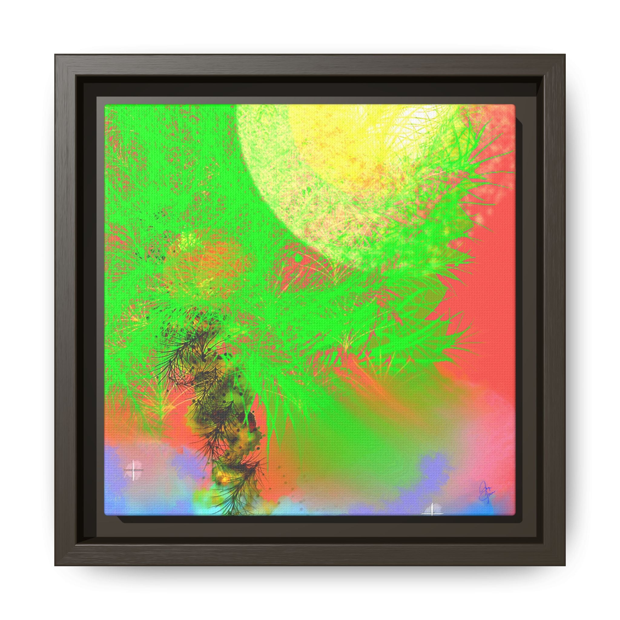 Abstract Neon Tree Matte Canvas Framed Art — Vibrant Green Moon Landscape