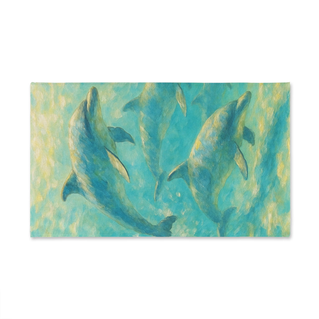 Dolphin Ocean Hand Towel — Turquoise Watercolor Marine Bath Accent