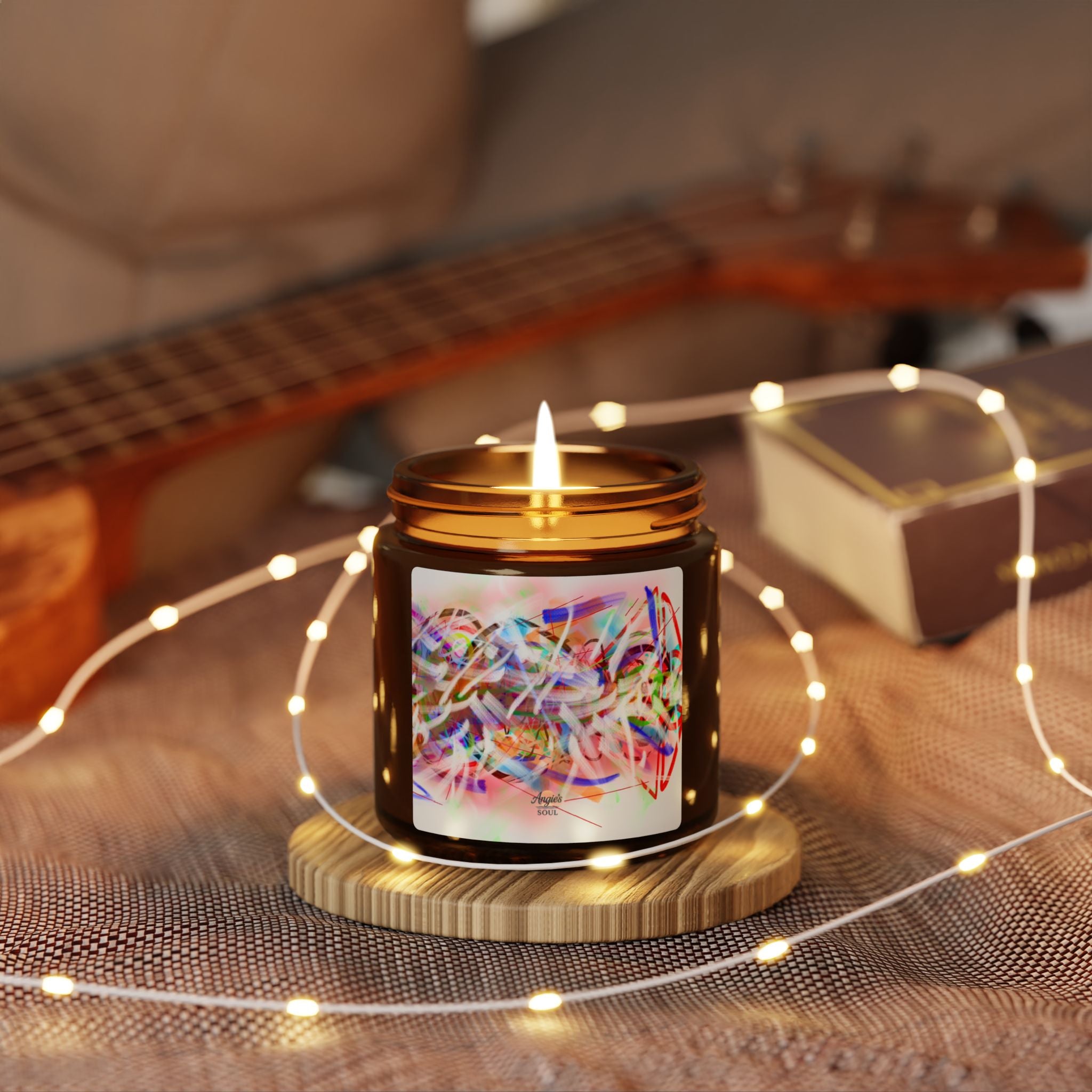 Soy Candle — Amber Jar with Colorful Abstract Art Label