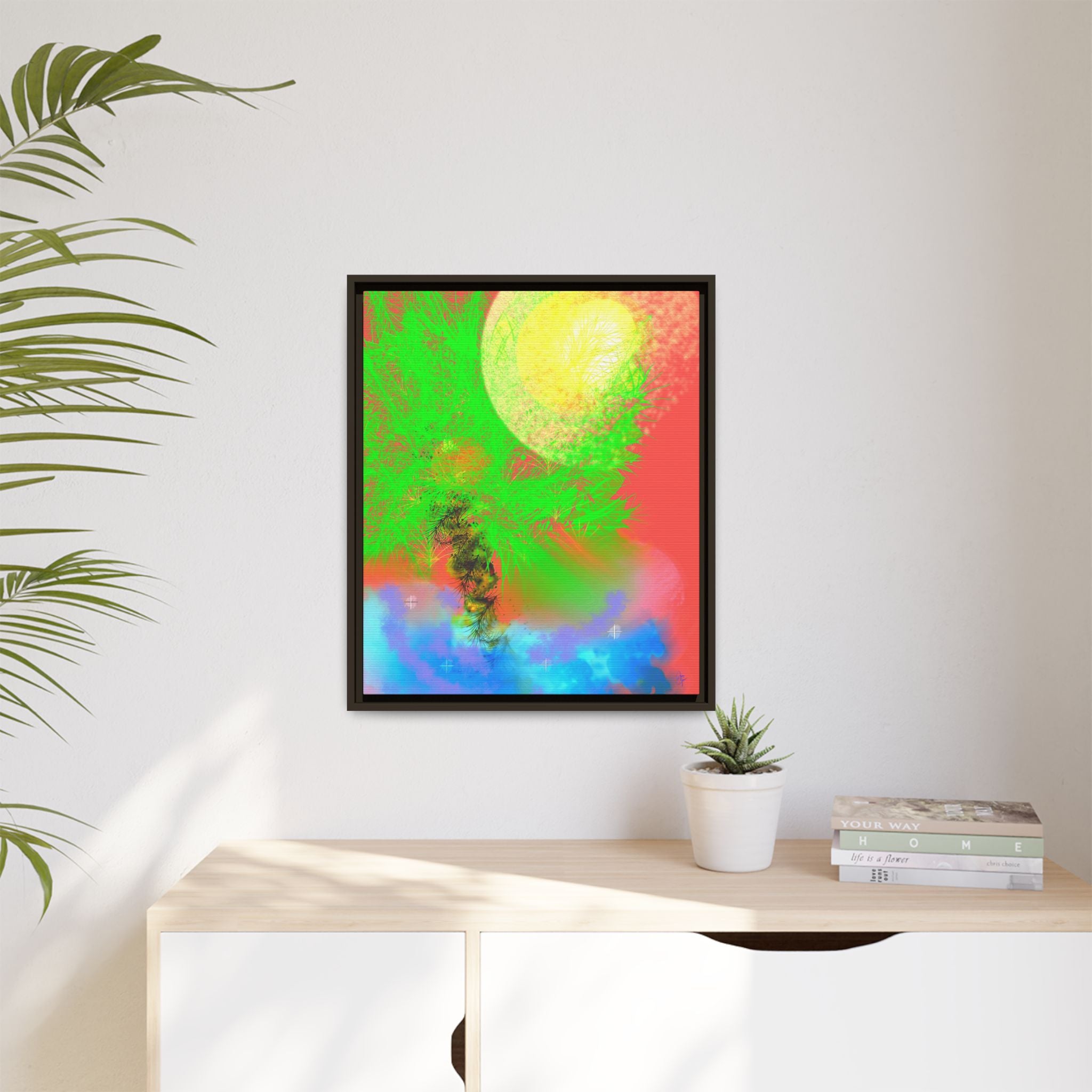 Abstract Neon Tree Matte Canvas Framed Art — Vibrant Green Moon Landscape