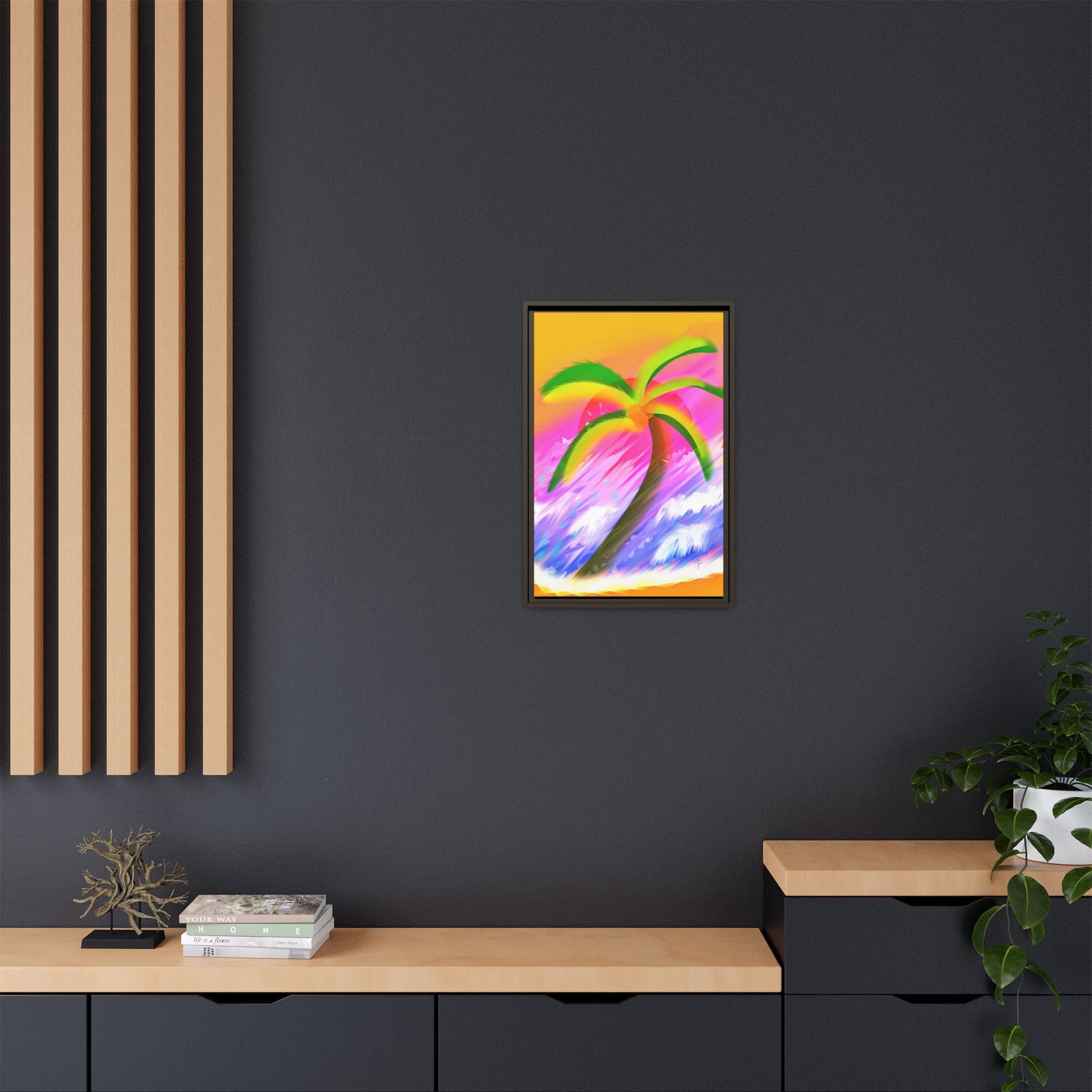 Framed Matte Canvas Print — Neon Palm Beach Art
