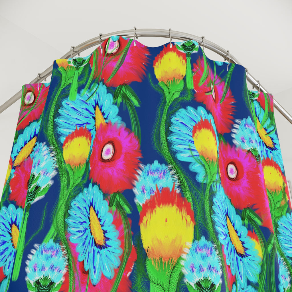 Floral Shower Curtain - Bright Blue Neon Wildflower Bathroom Decor