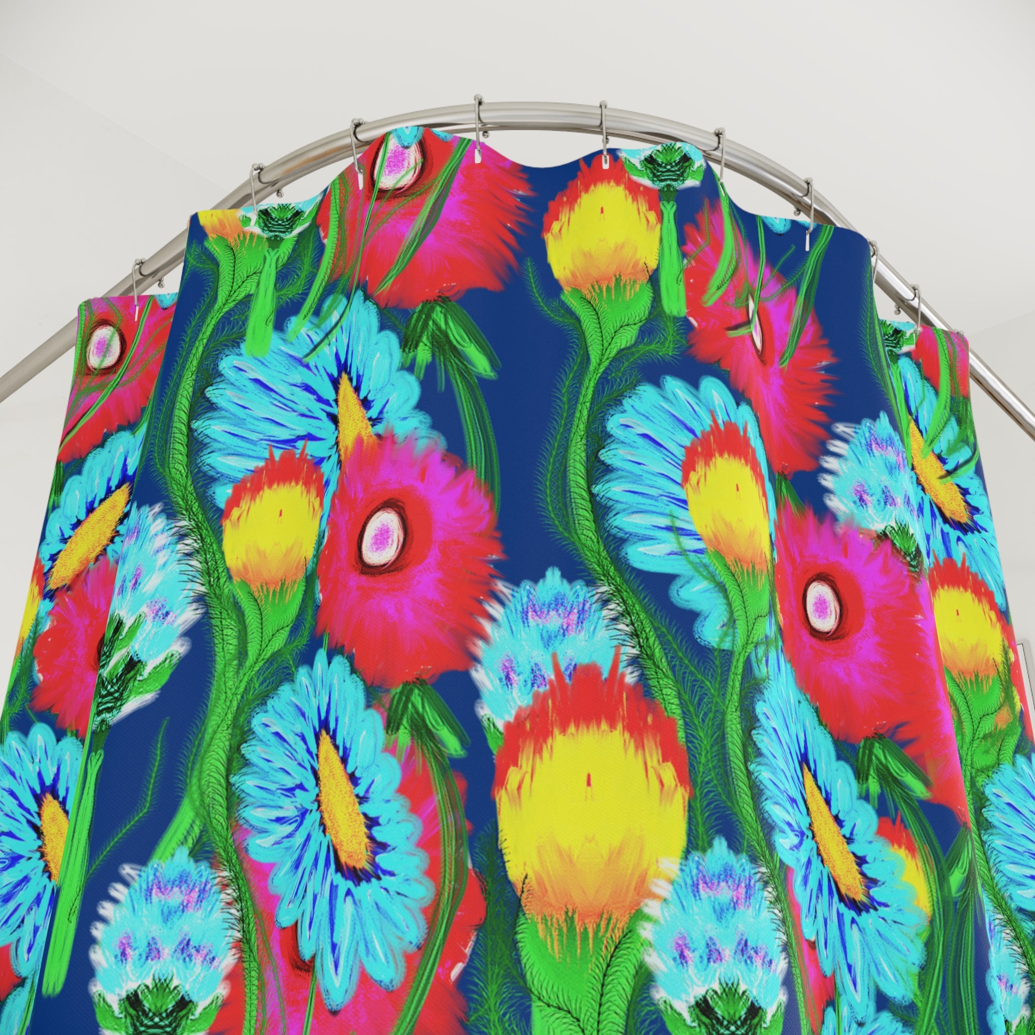 Floral Shower Curtain - Bright Blue Neon Wildflower Bathroom Decor