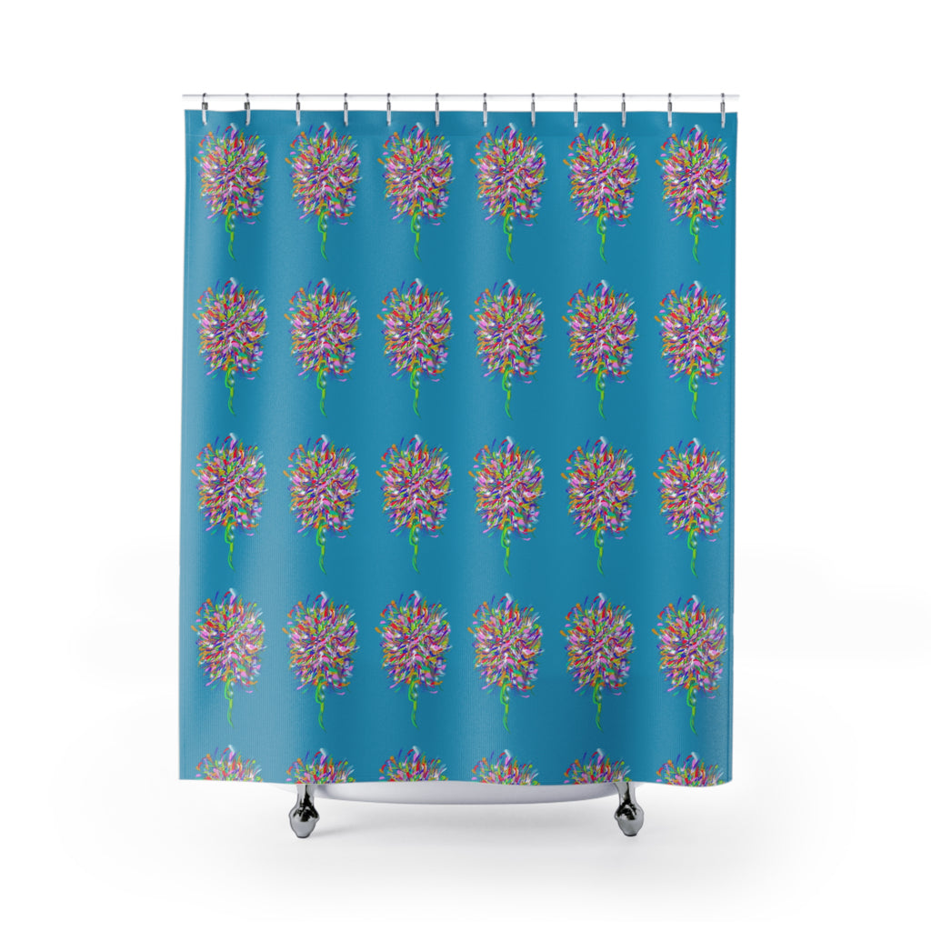 Floral Burst Shower Curtain — Bright Blue Colorful Bouquet Pattern