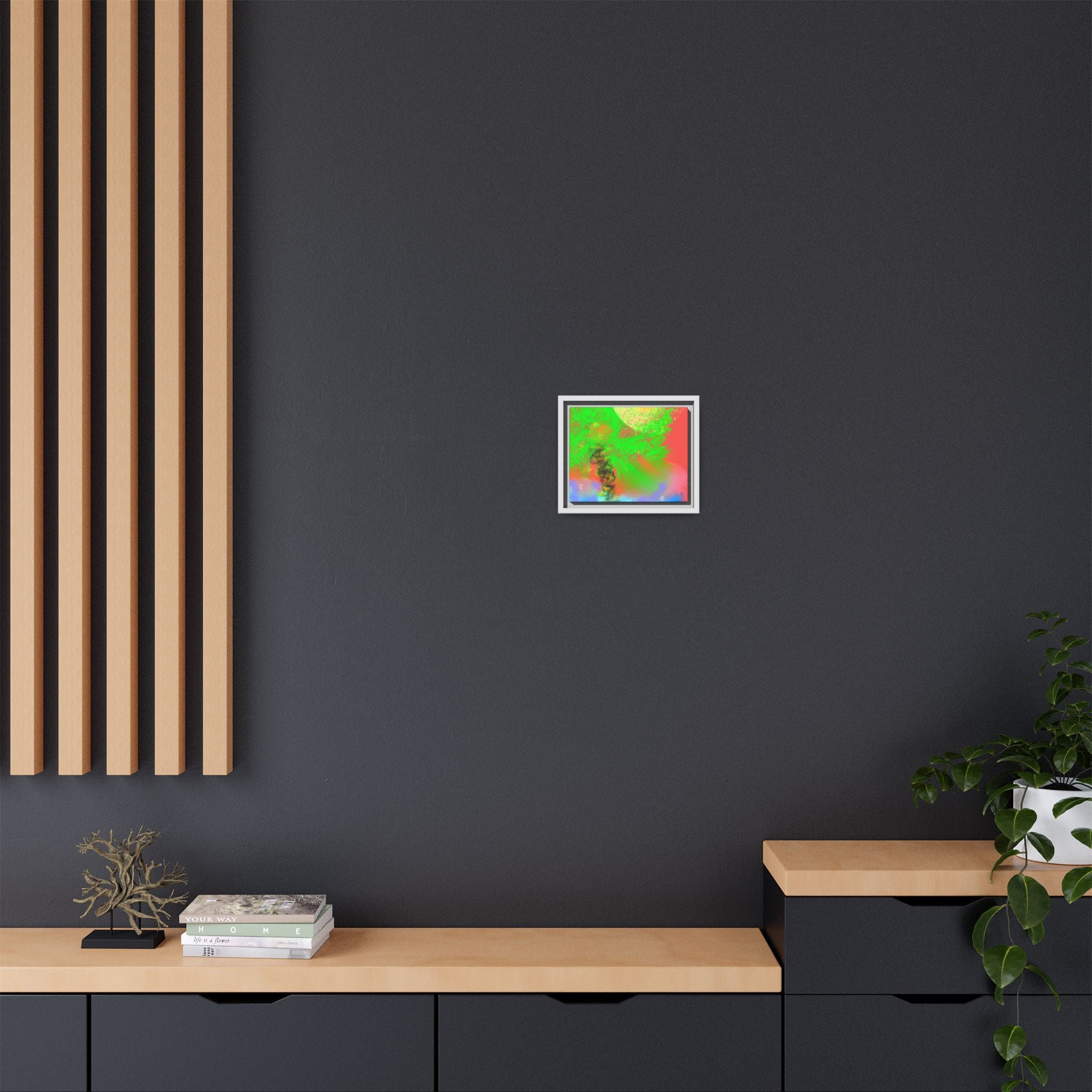 Abstract Neon Tree Matte Canvas Framed Art — Vibrant Green Moon Landscape