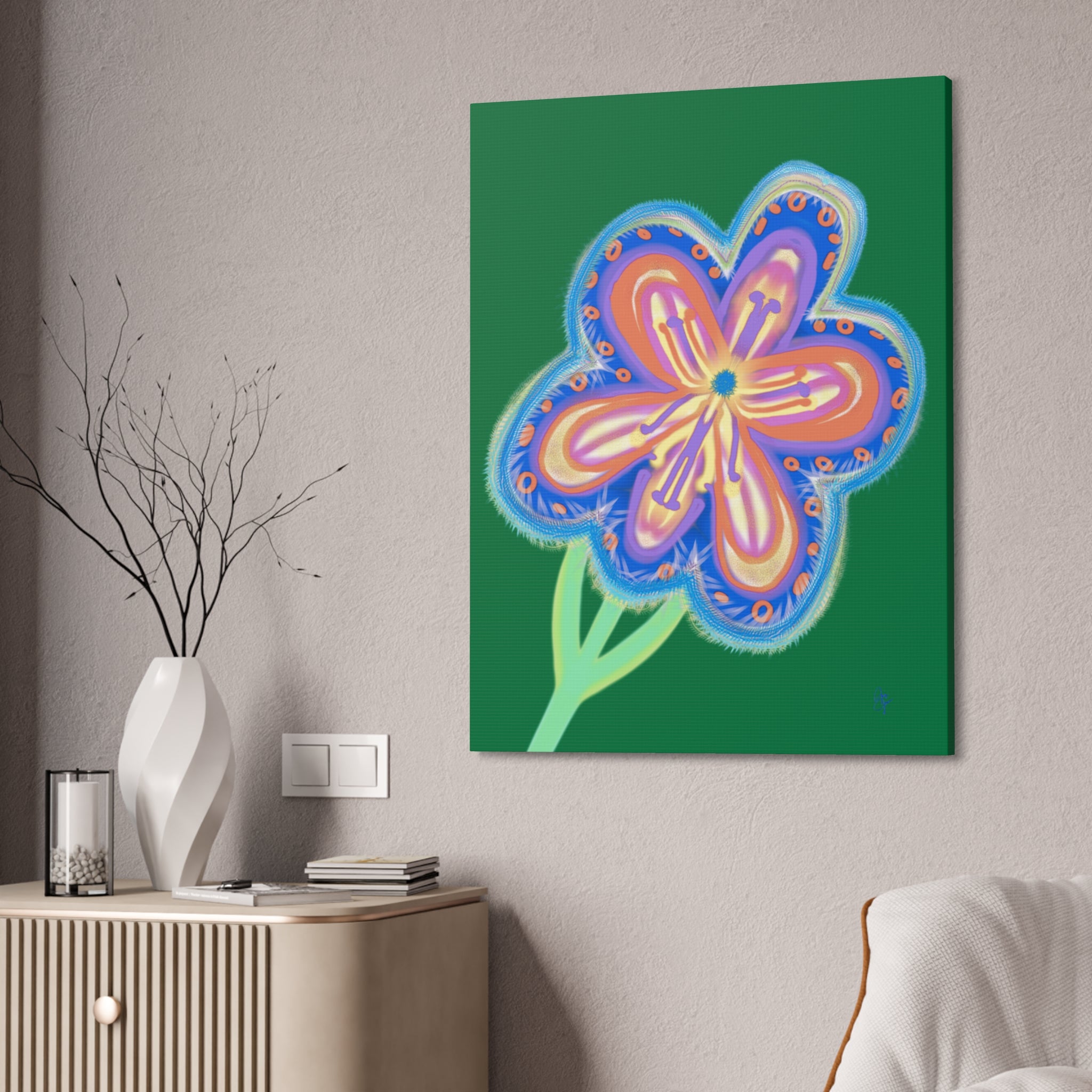 Floral Pop Canvas — Bright Blue Hand-Drawn Flowers Stretched Canvas