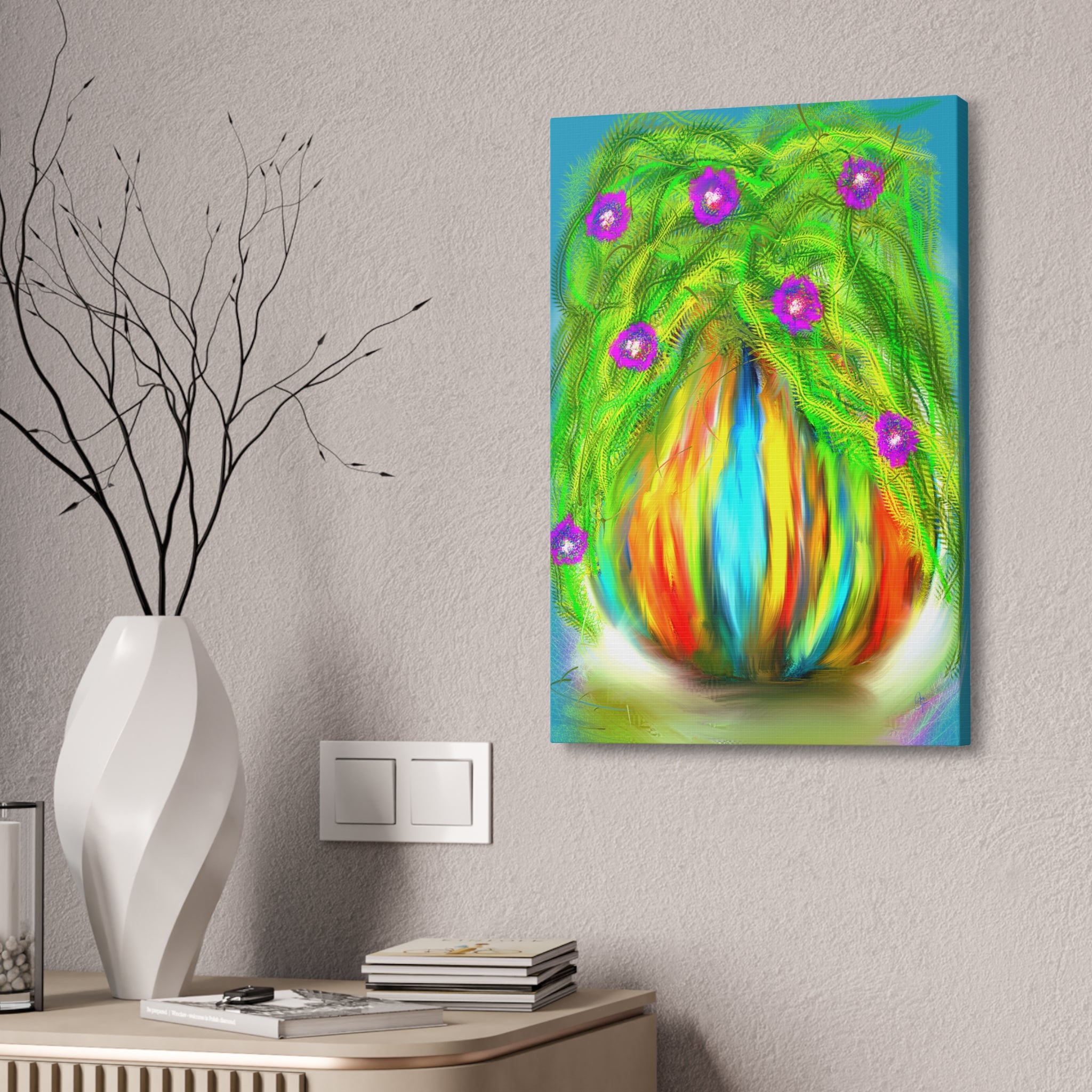 Abstract Floral Canvas Print — Colorful Blooming Vase Wall Art