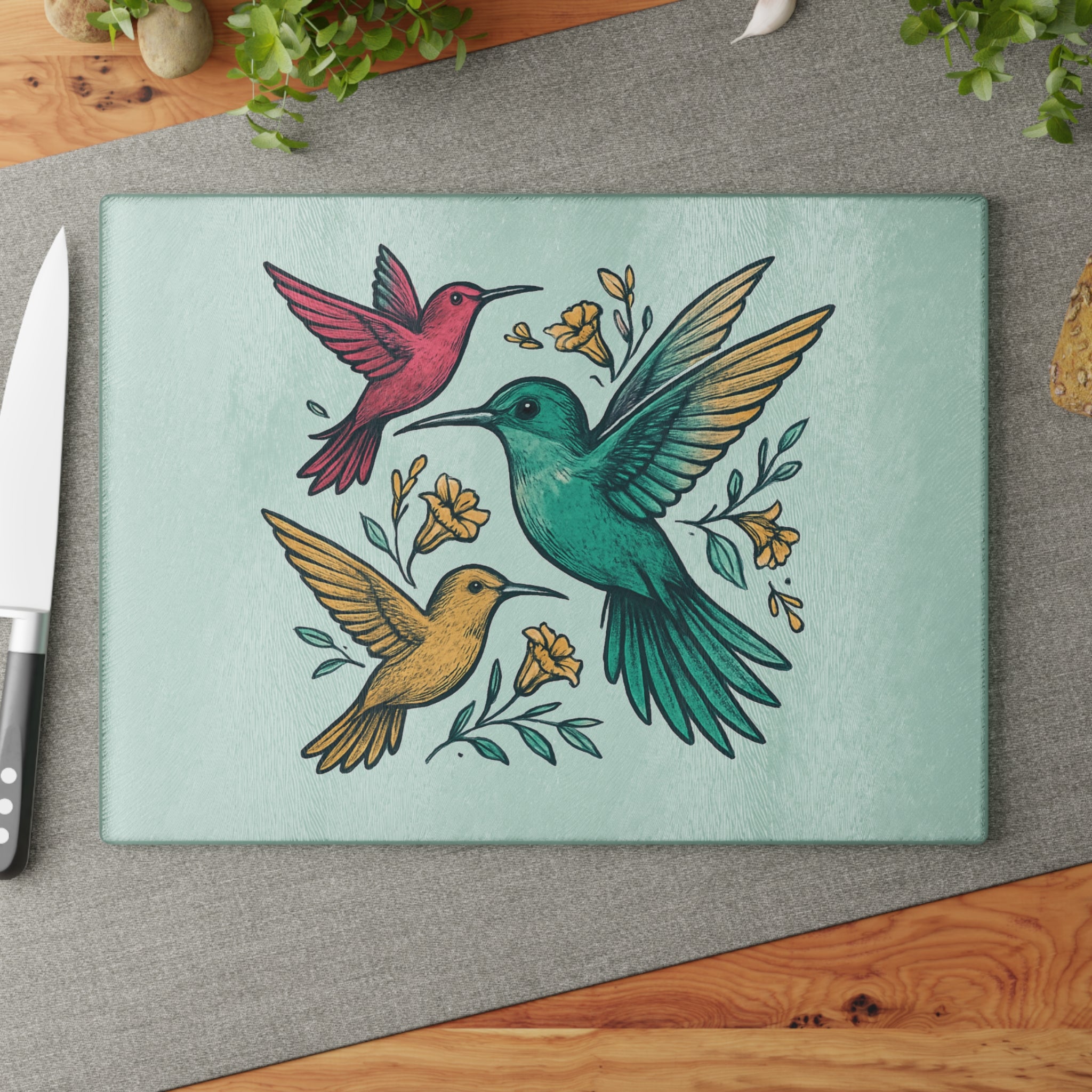 Hummingbird Floral Glass Cutting Board — Decorative Kitchen Prep Board