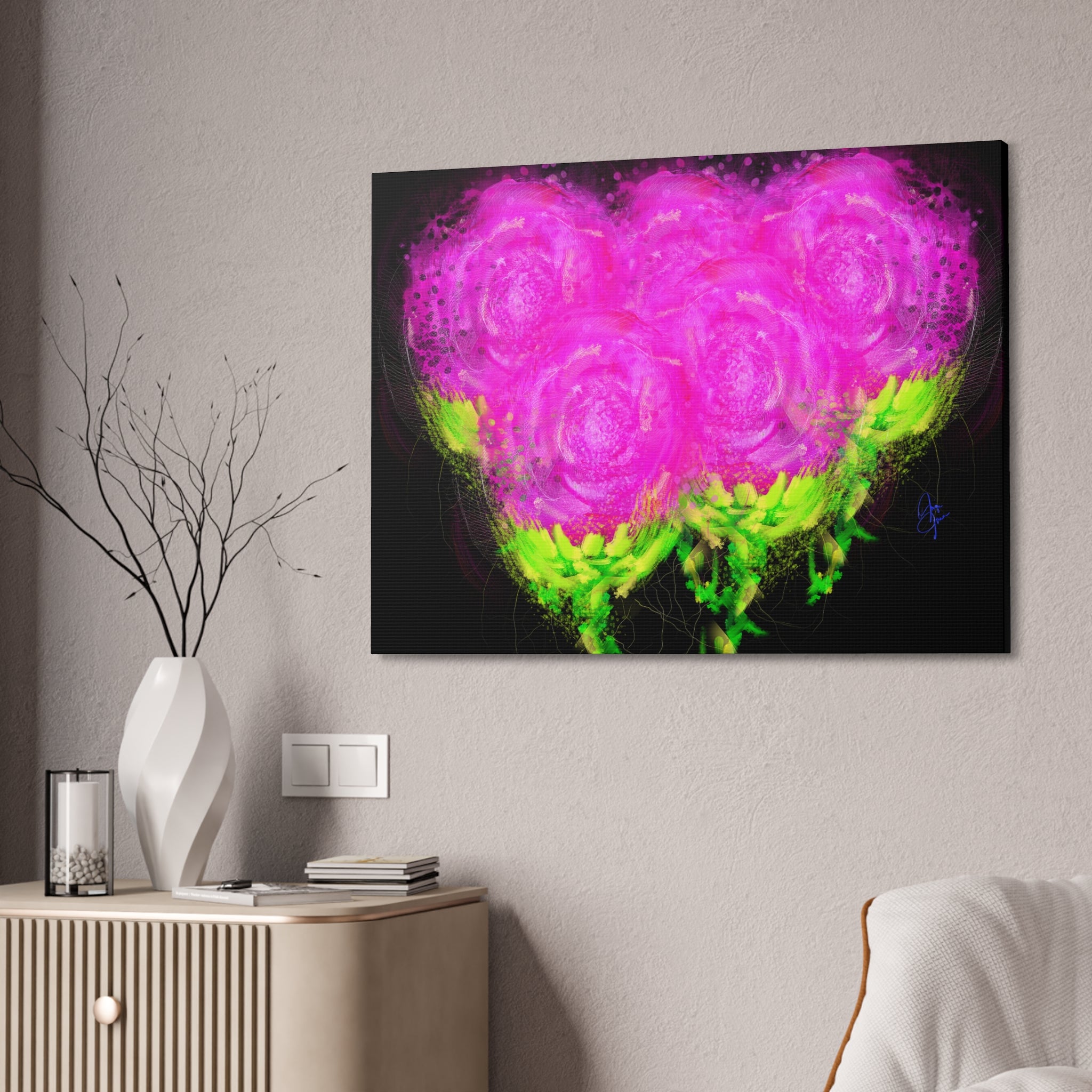 Bright Pink Floral Canvas Print — Modern Abstract Rose Wall Art (Stretched Canvas)