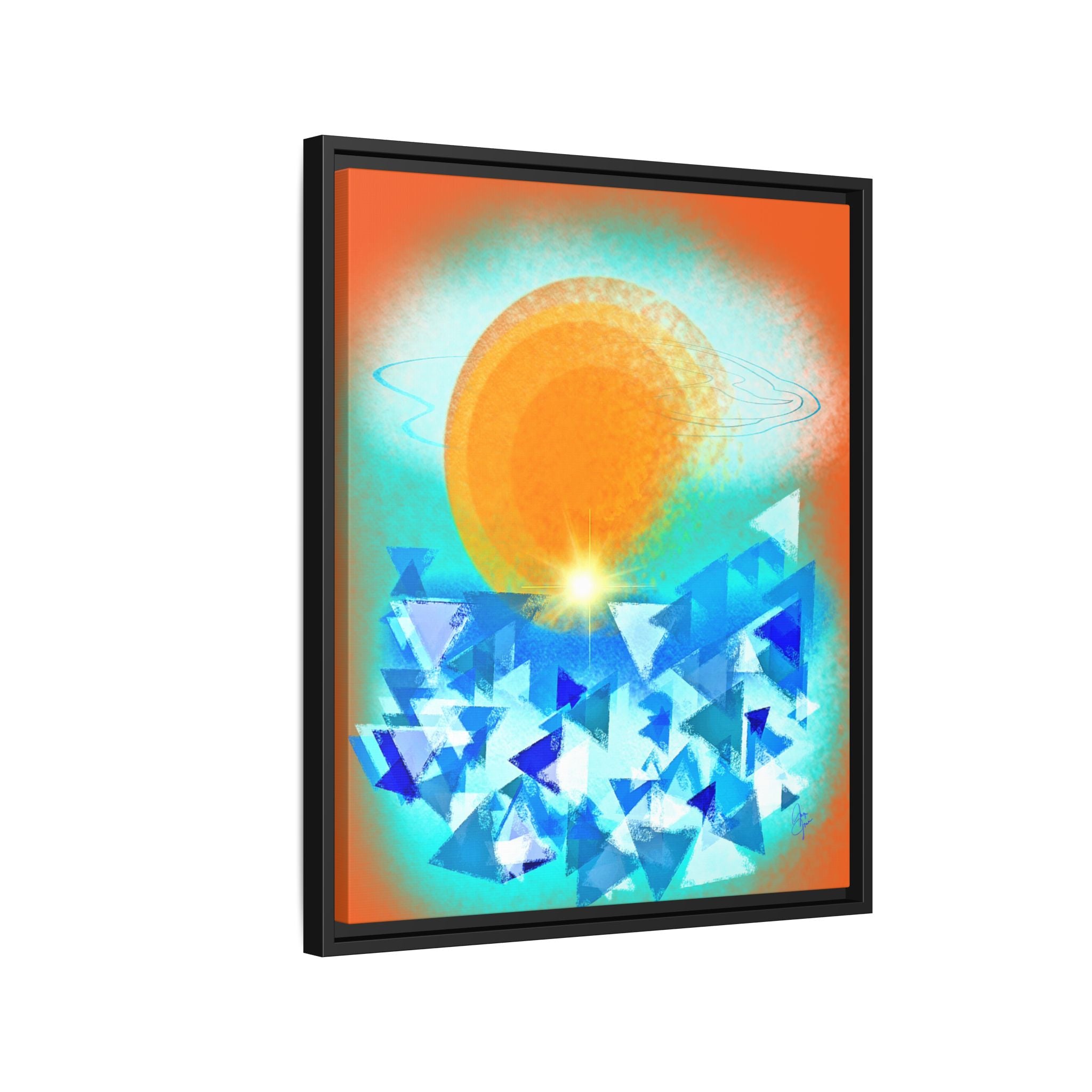 Abstract Sunrise Framed Canvas Art – Orange Sun Over Blue Geometric Waves
