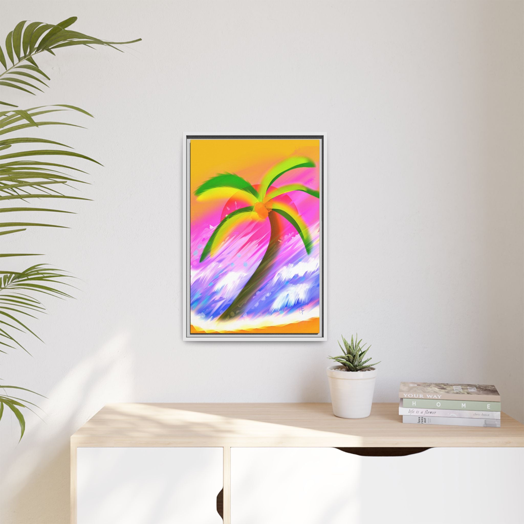 Framed Matte Canvas Print — Neon Palm Beach Art