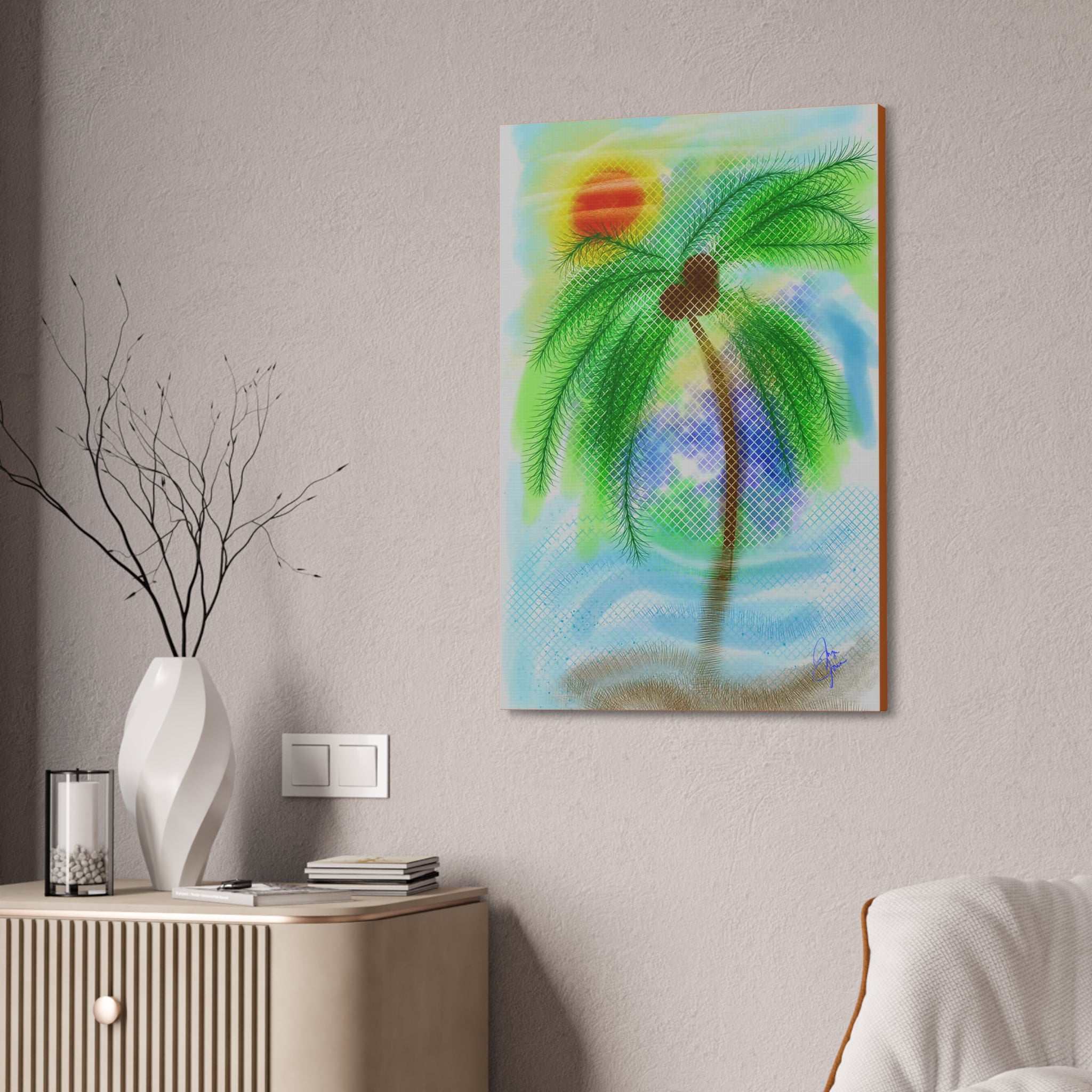 Tropical Palm Canvas Print – Heart Coconut Sunset Wall Art, Stretched 1.5"