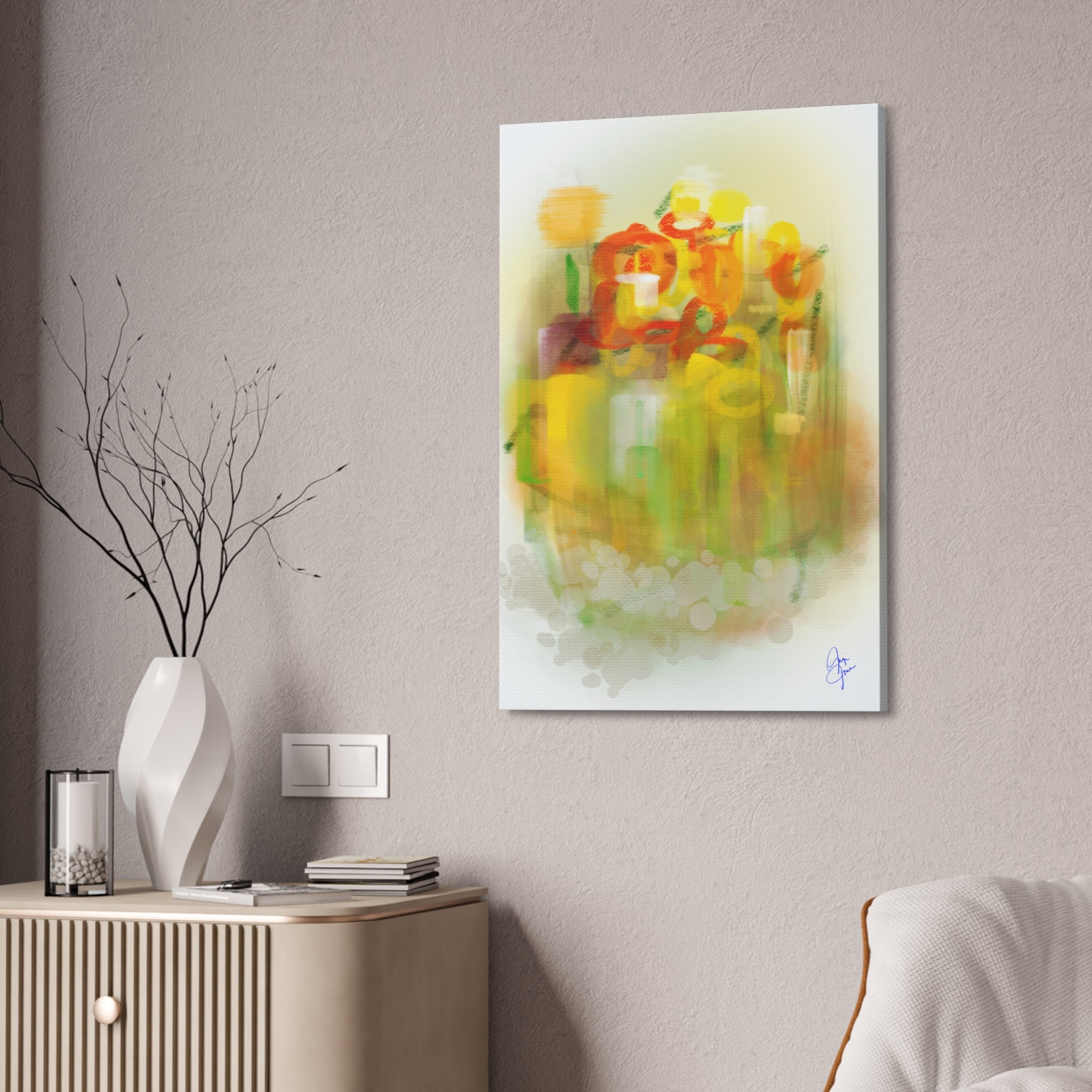 Abstract Floral Canvas Print – Yellow & Orange Stretched Wall Art (1.5" Depth)