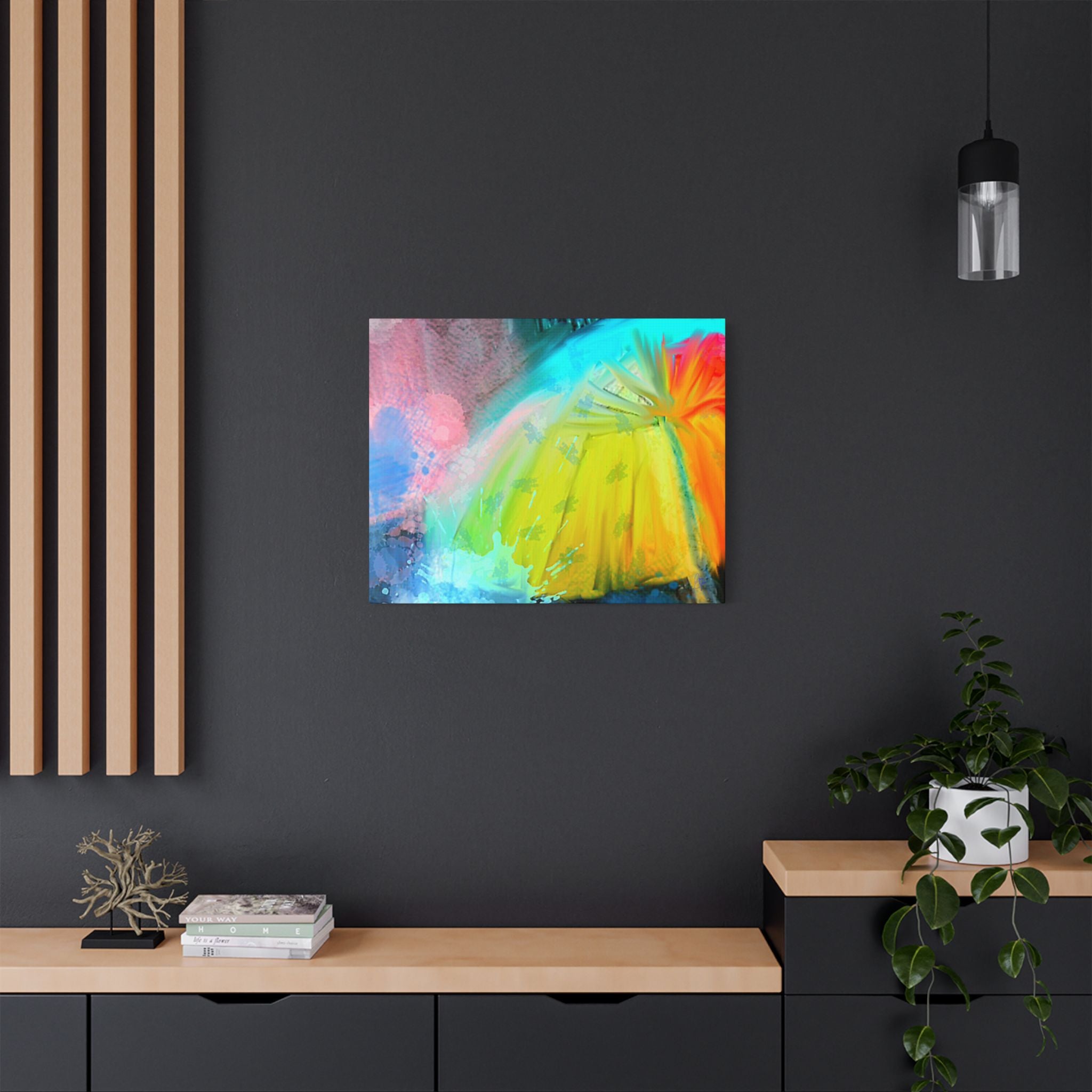 Abstract Rainbow Umbrella Canvas Print — Bright Colorful Satin-Stretched Wall Art