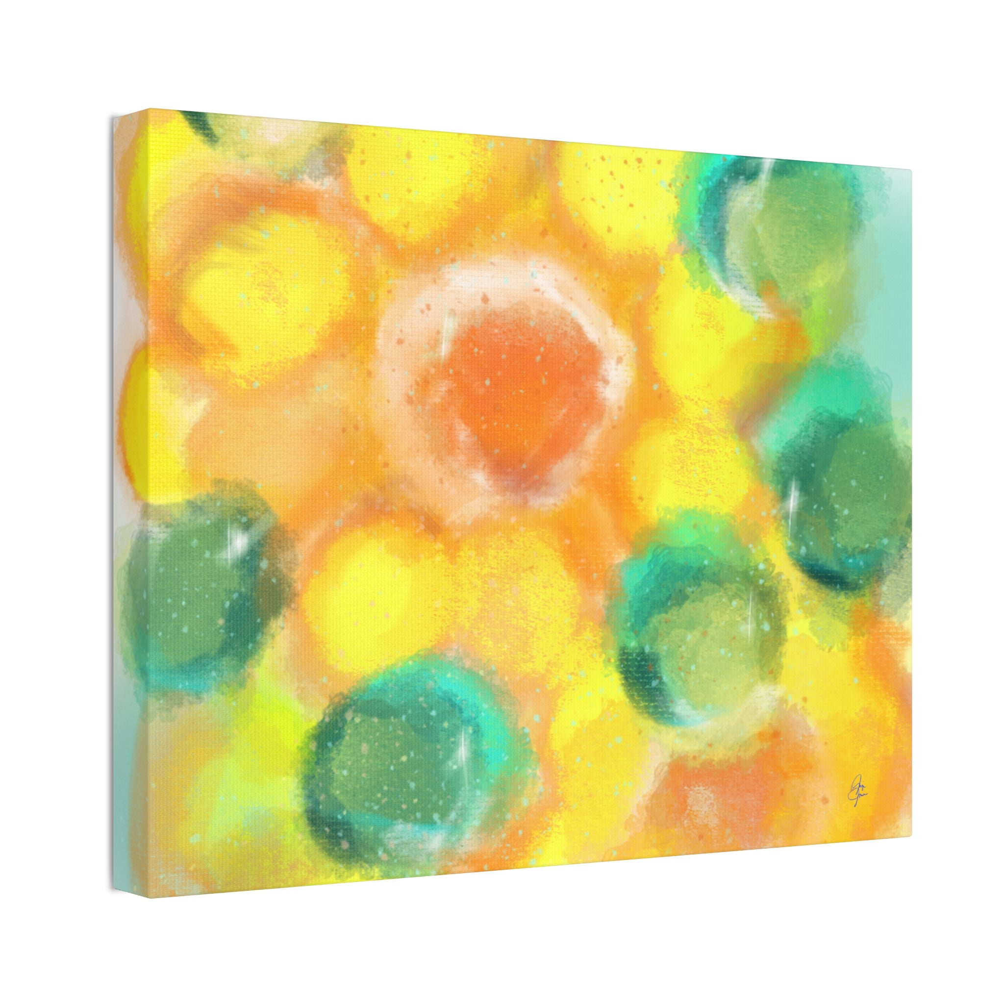 Abstract Sunshine Circles Canvas Art – Vibrant Yellow & Teal Stretched Wall Decor