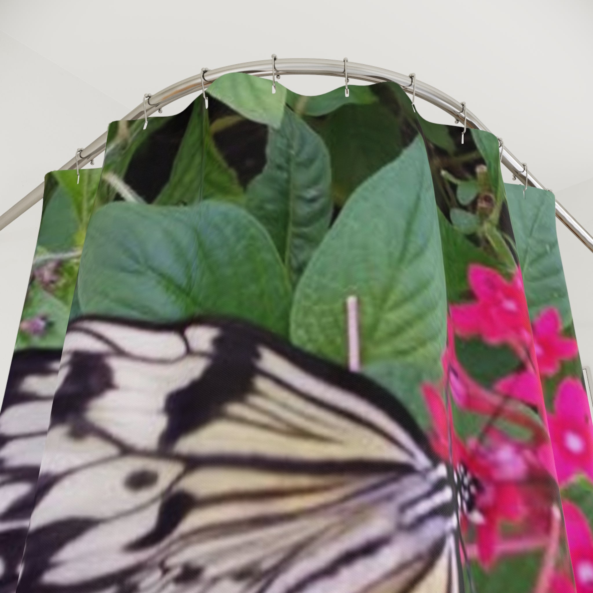 Butterfly on Pink Flower Shower Curtain — Botanical Nature Bathroom Decor